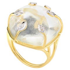 Huge Uncut Genuine Crystal Cocktail Ring with Diamonds in 14k Solid Yellow Gold