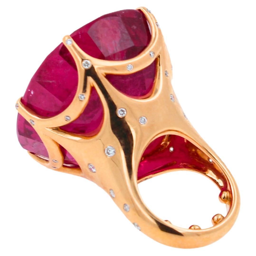 Huge Unique 110 Carats Red Pink Maroon Rubellite 18k Rose Gold Diamond Ring For Sale 3