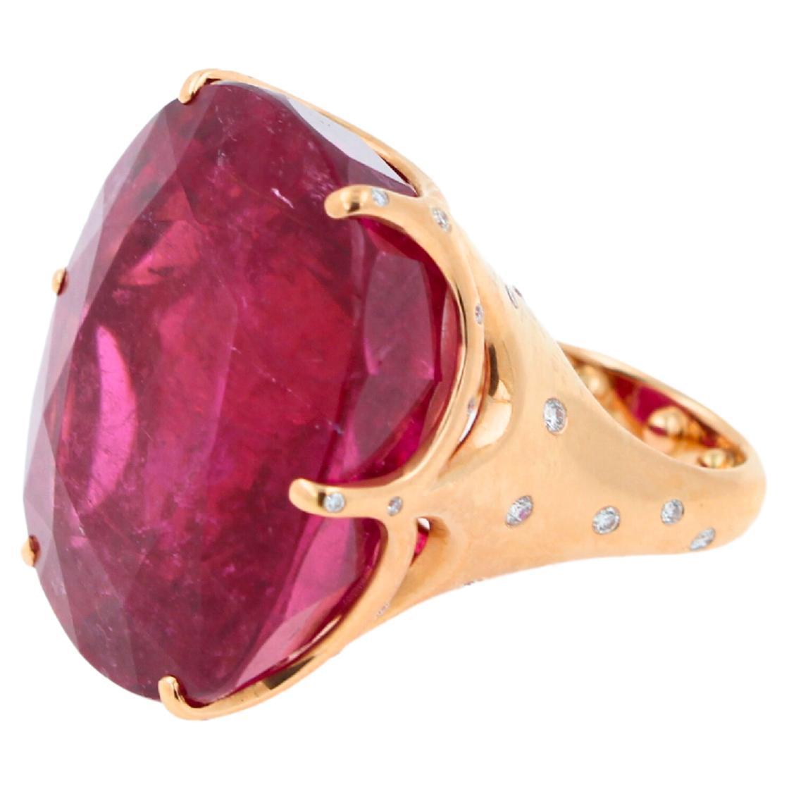 Art Deco Huge Unique 110 Carats Red Pink Maroon Rubellite 18k Rose Gold Diamond Ring For Sale