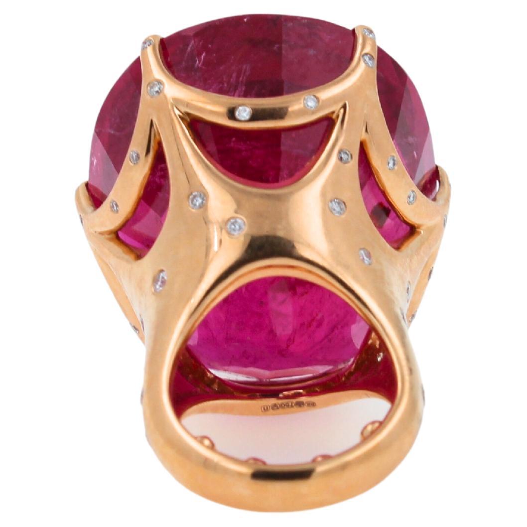 Oval Cut Huge Unique 110 Carats Red Pink Maroon Rubellite 18k Rose Gold Diamond Ring For Sale