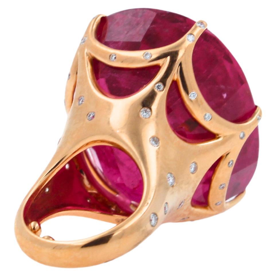 Huge Unique 110 Carats Red Pink Maroon Rubellite 18k Rose Gold Diamond Ring In New Condition For Sale In Oakton, VA