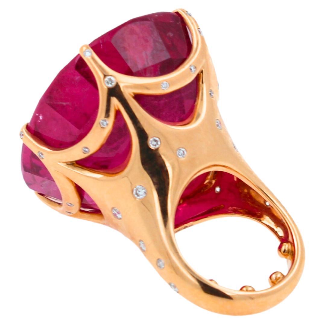Huge Unique 110 Carats Red Pink Maroon Rubellite 18k Rose Gold Diamond Ring For Sale 1
