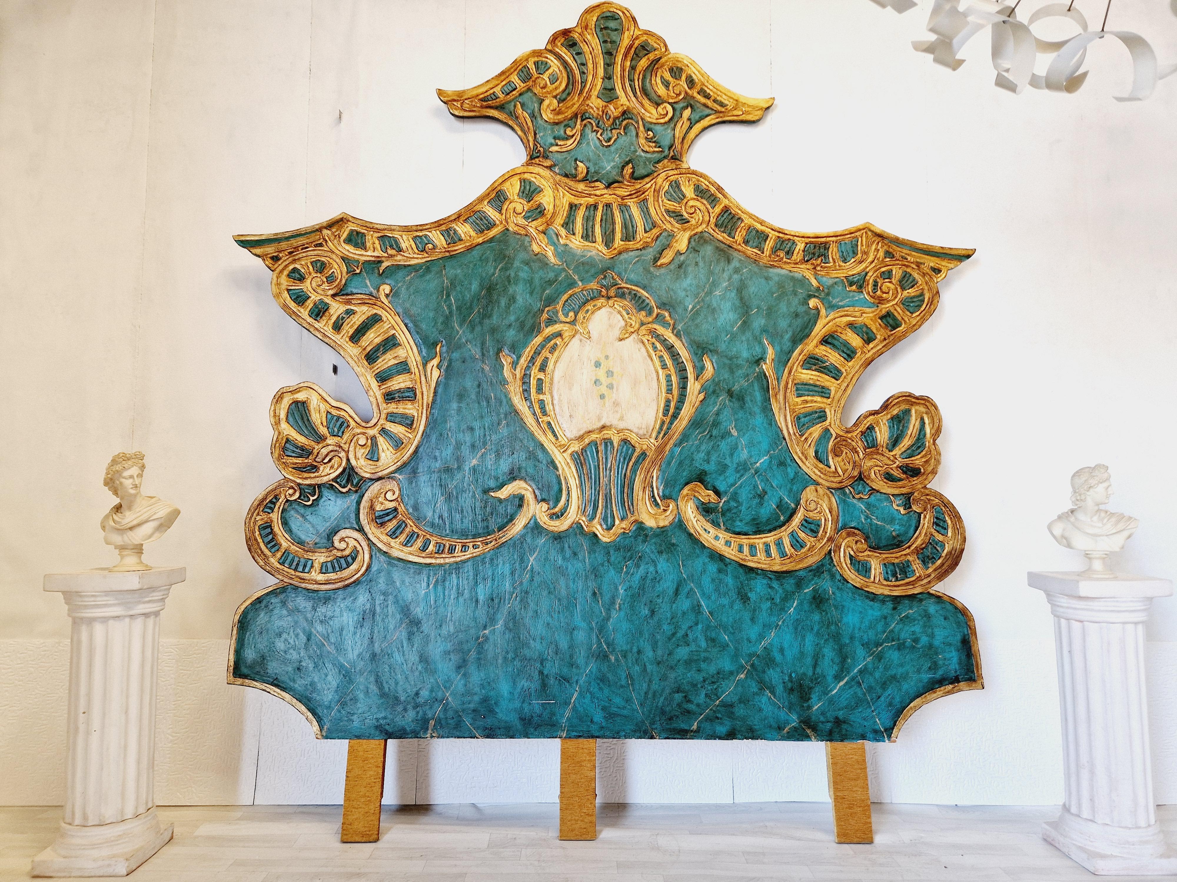 Lacquered Huge Venetian Bed Headboard Peacock Turquoise WOW Factor For Sale