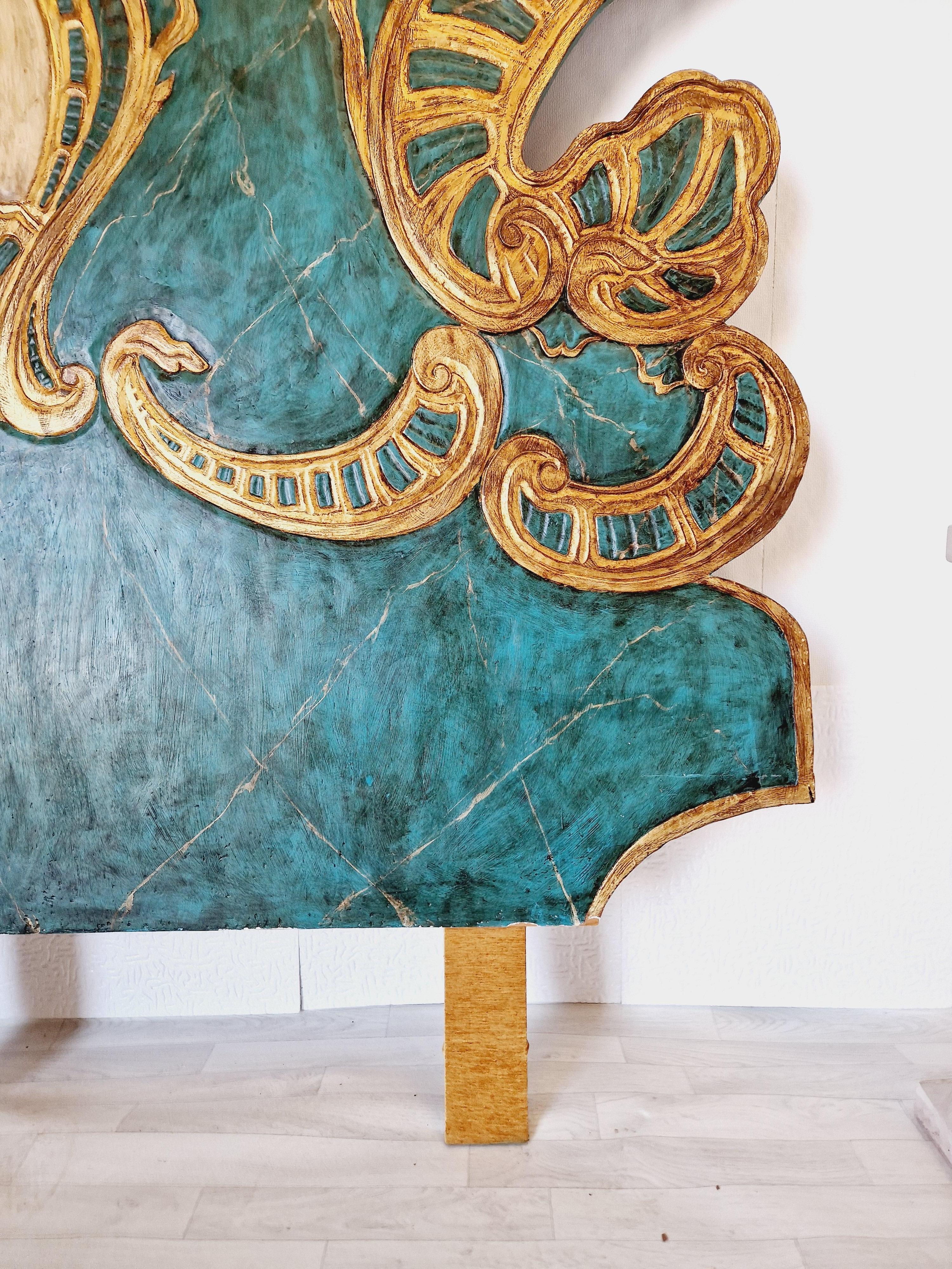 Wood Huge Venetian Bed Headboard Peacock Turquoise WOW Factor For Sale