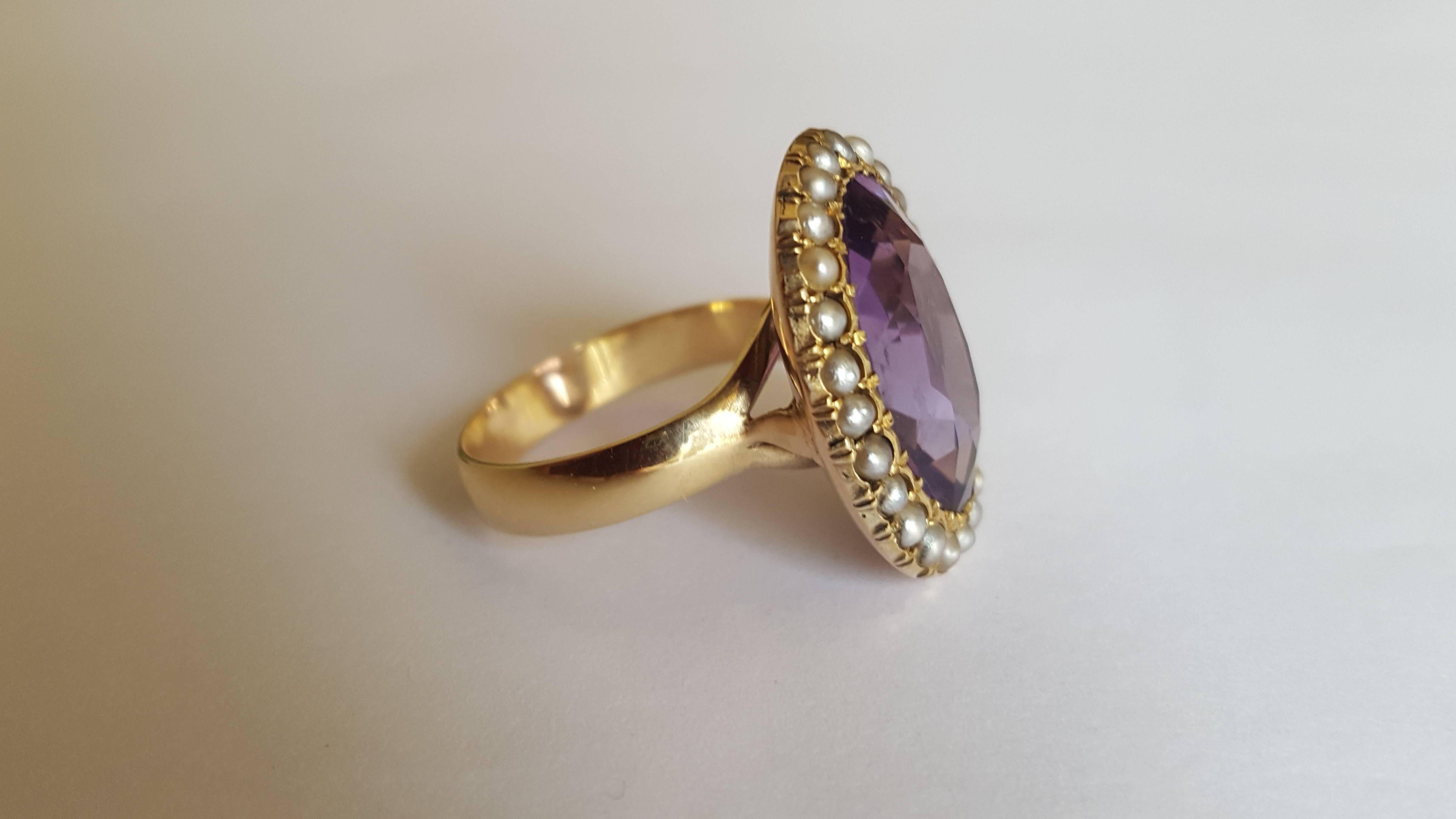 Huge Victorian Amethyst Pearl Gold Ring In Excellent Condition In Boston, Lincolnshire