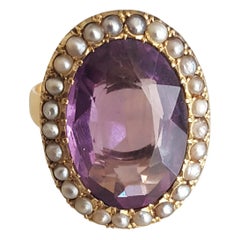 Huge Victorian Amethyst Pearl Gold Ring