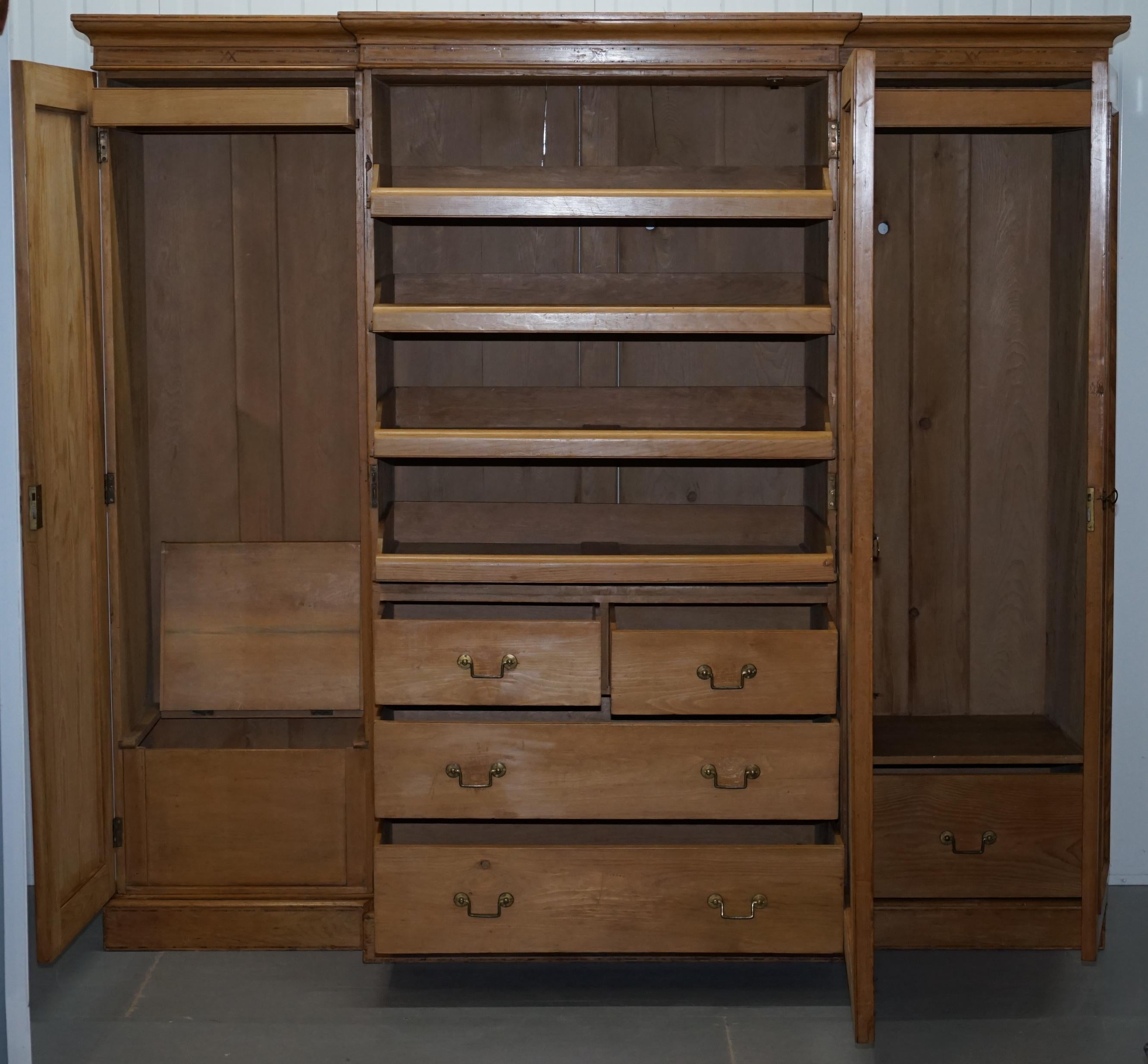 Huge Victorian Breakfront Pine Wardrobe Built in Chest of Drawers Linen Shelves 1