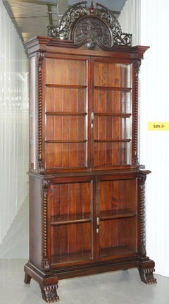 Huge Victorian Hardwood Hand-Carved Wood Library Bookcase Ornate