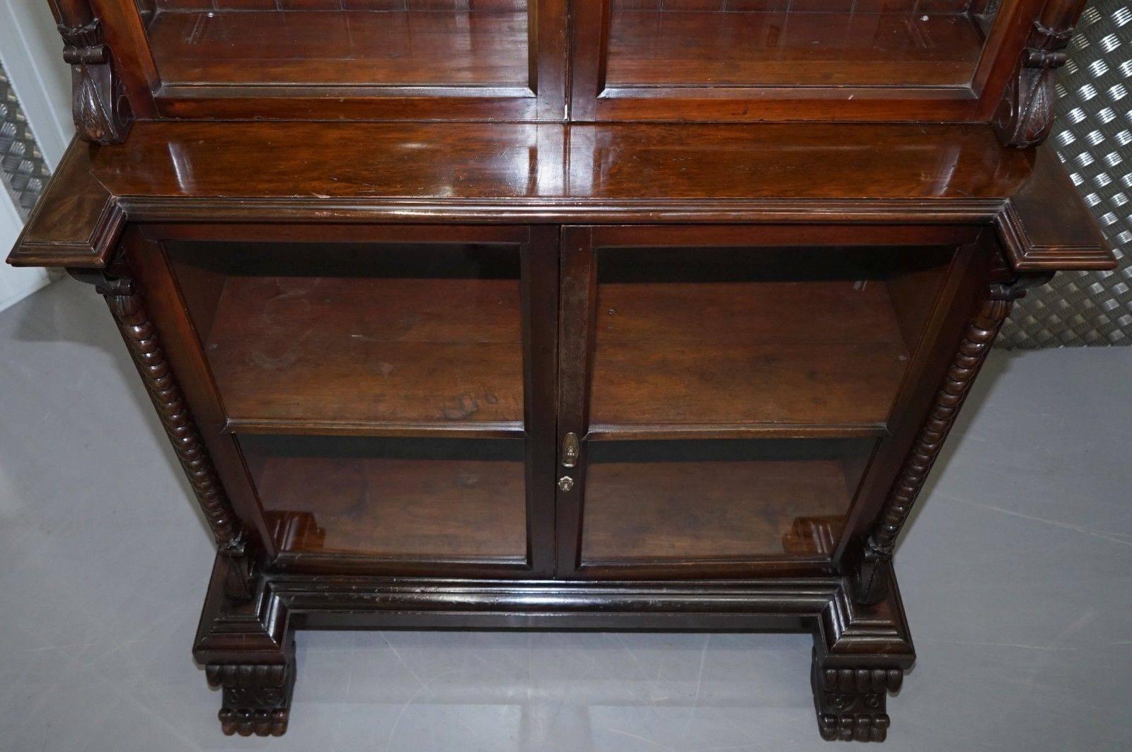 Glass Huge Victorian Hardwood Hand-Carved Wood Library Bookcase Ornate For Sale