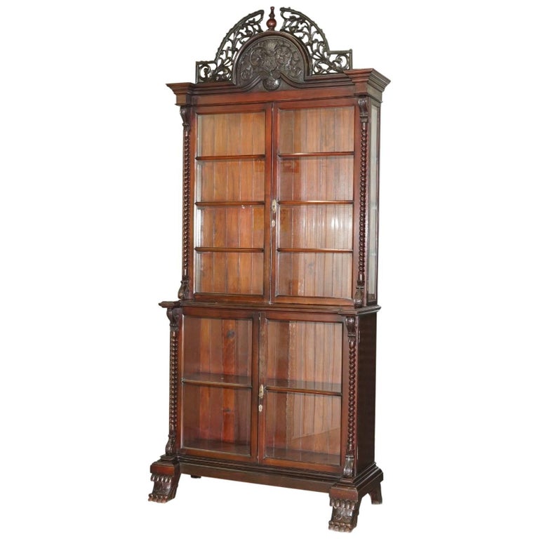 Huge Victorian Mahogany Hand-Carved Wood Library Bookcase ...