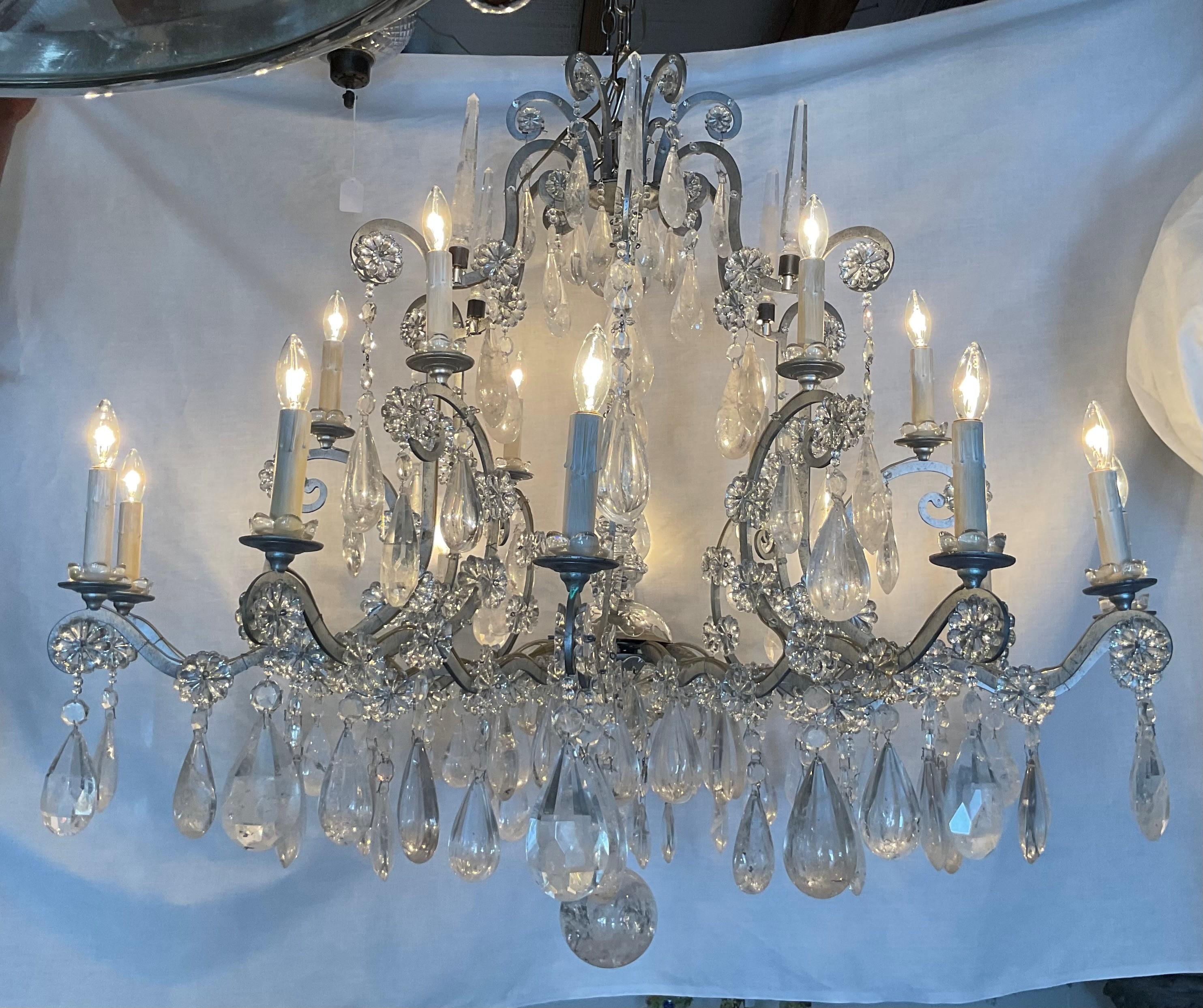 Huge Vinatge Rock Crystal French Chandelier In Good Condition For Sale In West Palm Beach, FL