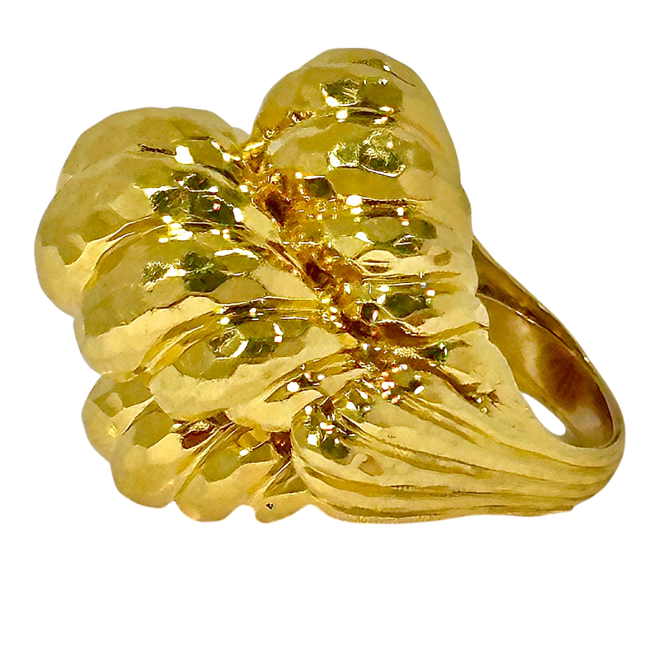 This amazing vintage Henry Dunay 18K yellow gold hammered torsade style dome ring measures a full 1 3/8 by 1 1/4 inches, and rises to a full 1 inch above the finger when worn. This undoubtedly is among the largest and best executed examples of this
