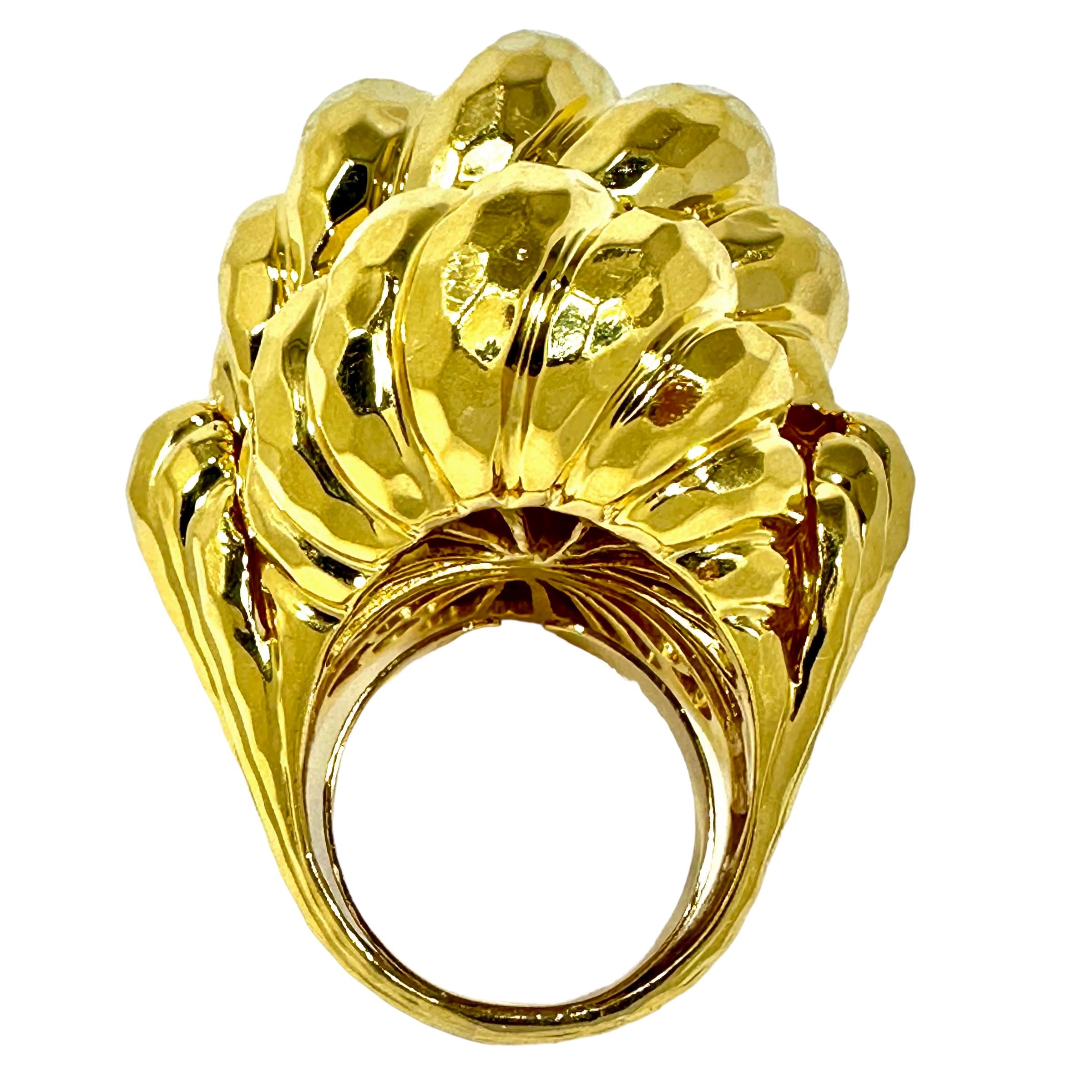 Huge Vintage 18k Yellow Gold Henry Dunay Hammered Dome Ring 1 3/8 Inches Long In Good Condition In Palm Beach, FL