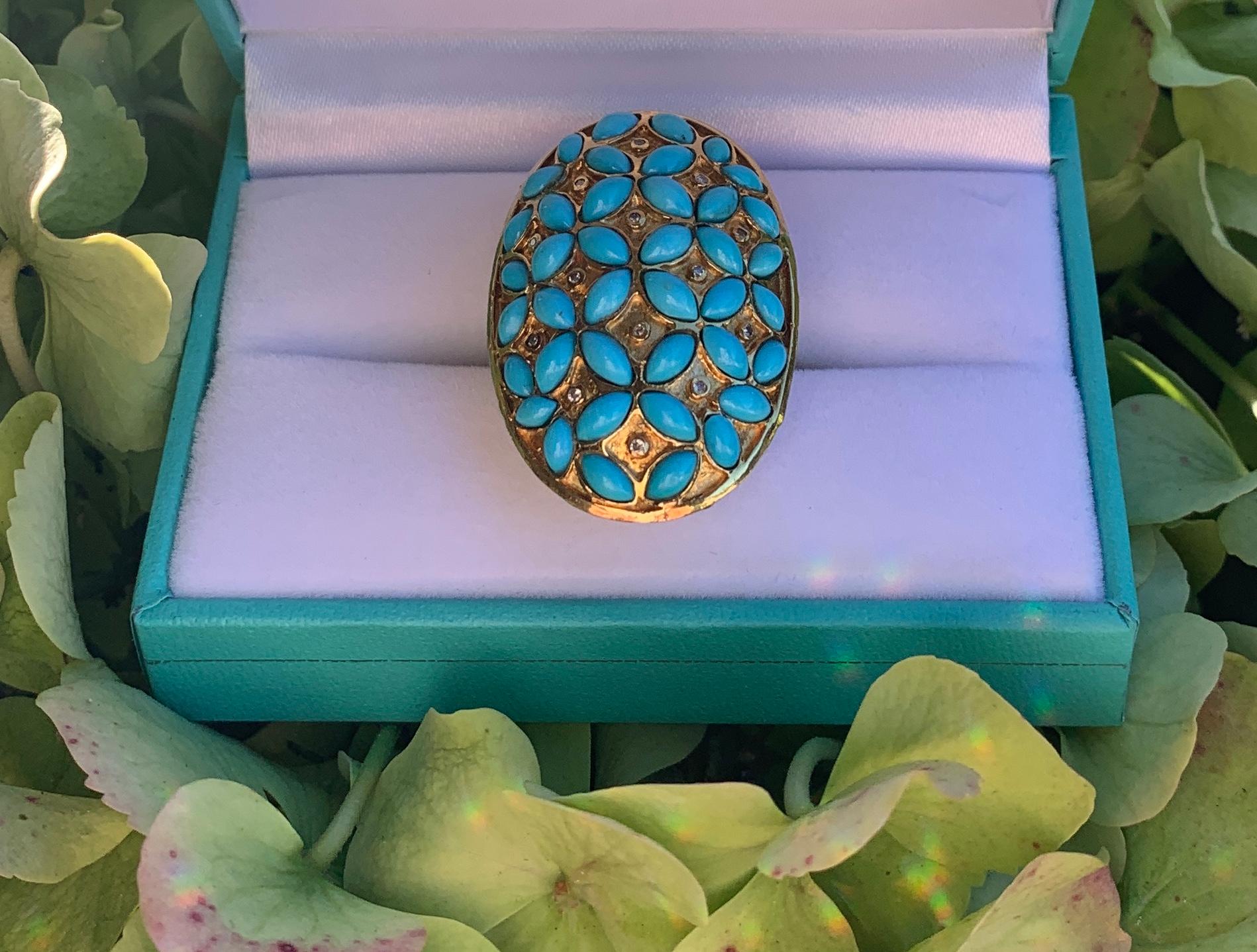 Riesiger Vintage 1970er Persischer Türkis Diamant 18 Karat Gelbgold Cocktail Ring (Kunsthandwerker*in) im Angebot