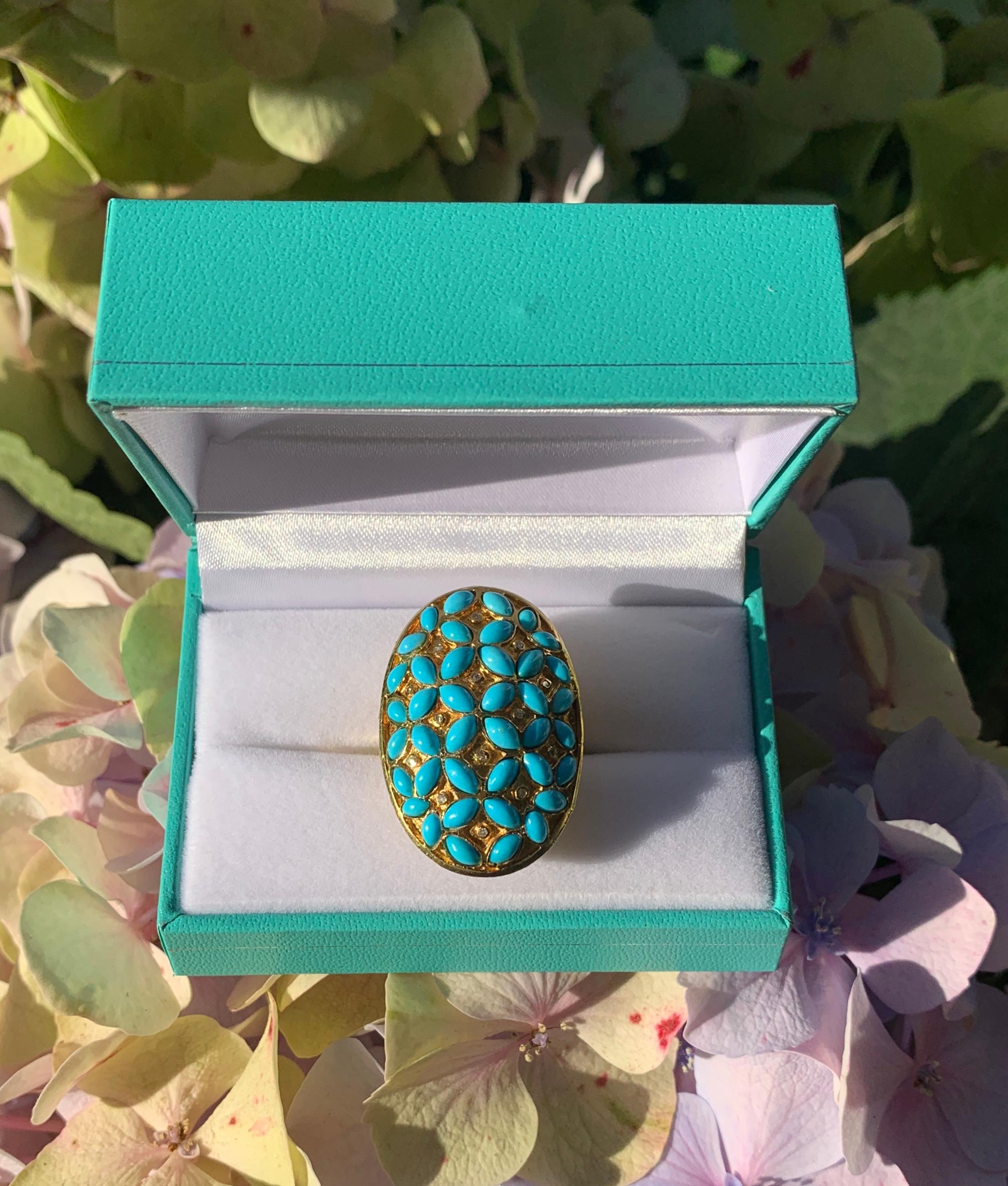 Huge Vintage 1970s Persian Turquoise Diamond 18 Karat Yellow Gold Cocktail Ring In Excellent Condition For Sale In Tustin, CA