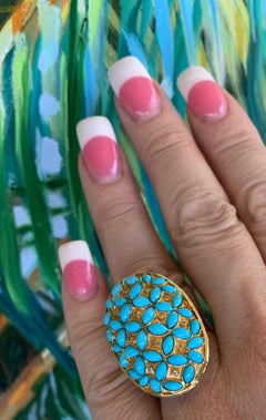 Huge Vintage 1970s Persian Turquoise Diamond 18 Karat Yellow Gold Cocktail Ring