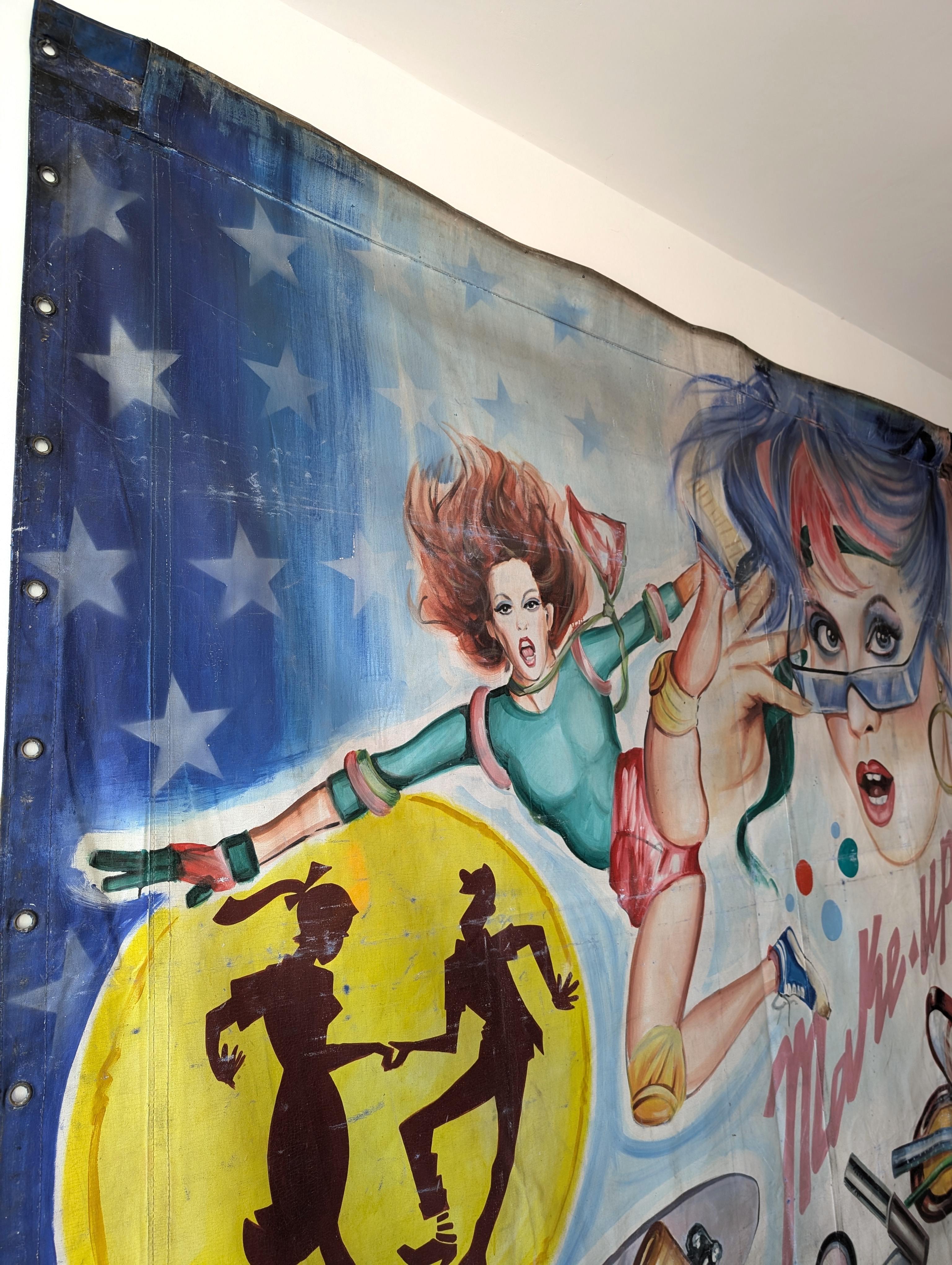 Huge vintage 1970s / 1980s French painted fairground / carnival banner- makeup For Sale 4