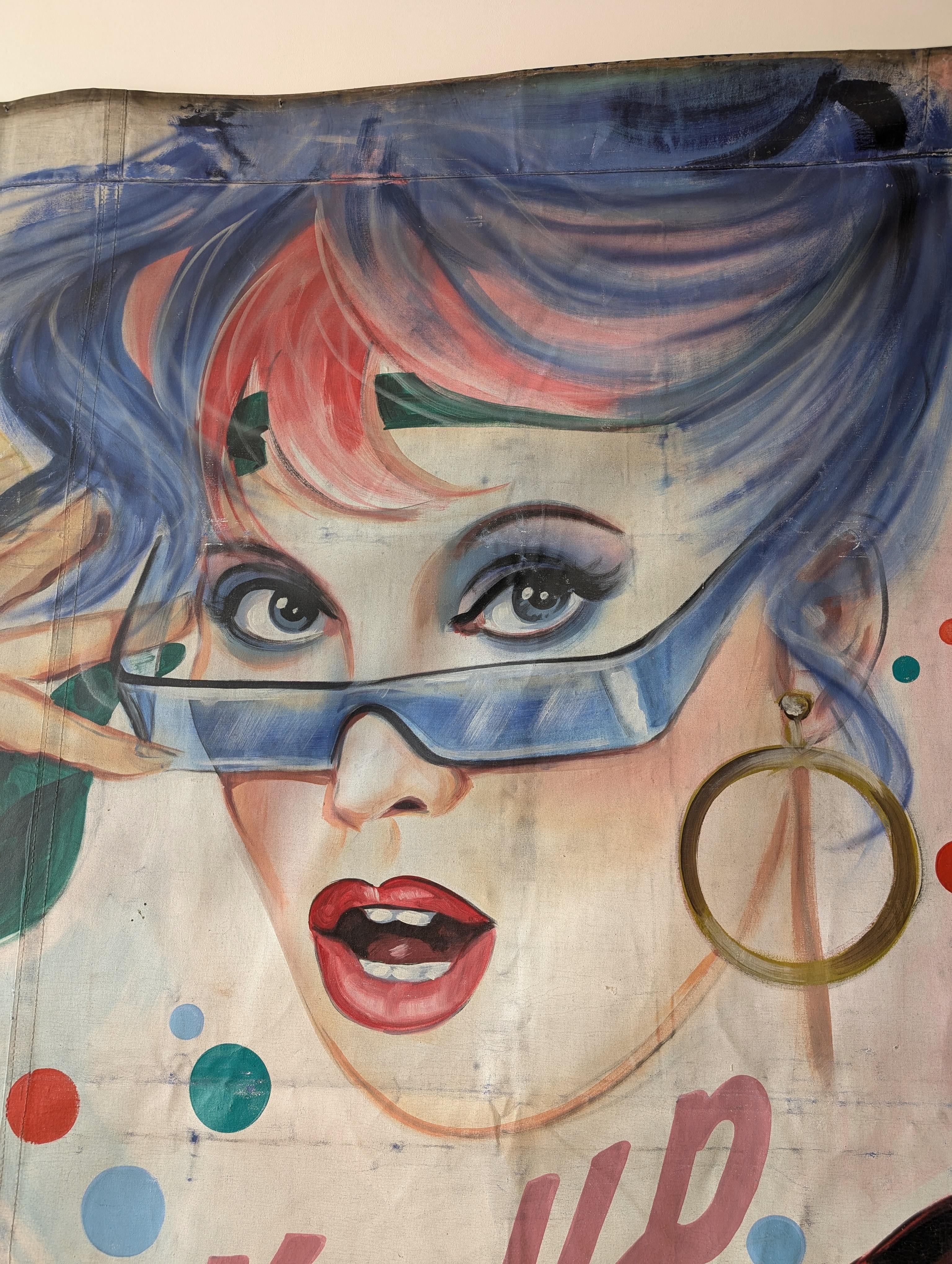 Huge vintage 1970s / 1980s French painted fairground / carnival banner- makeup For Sale 5