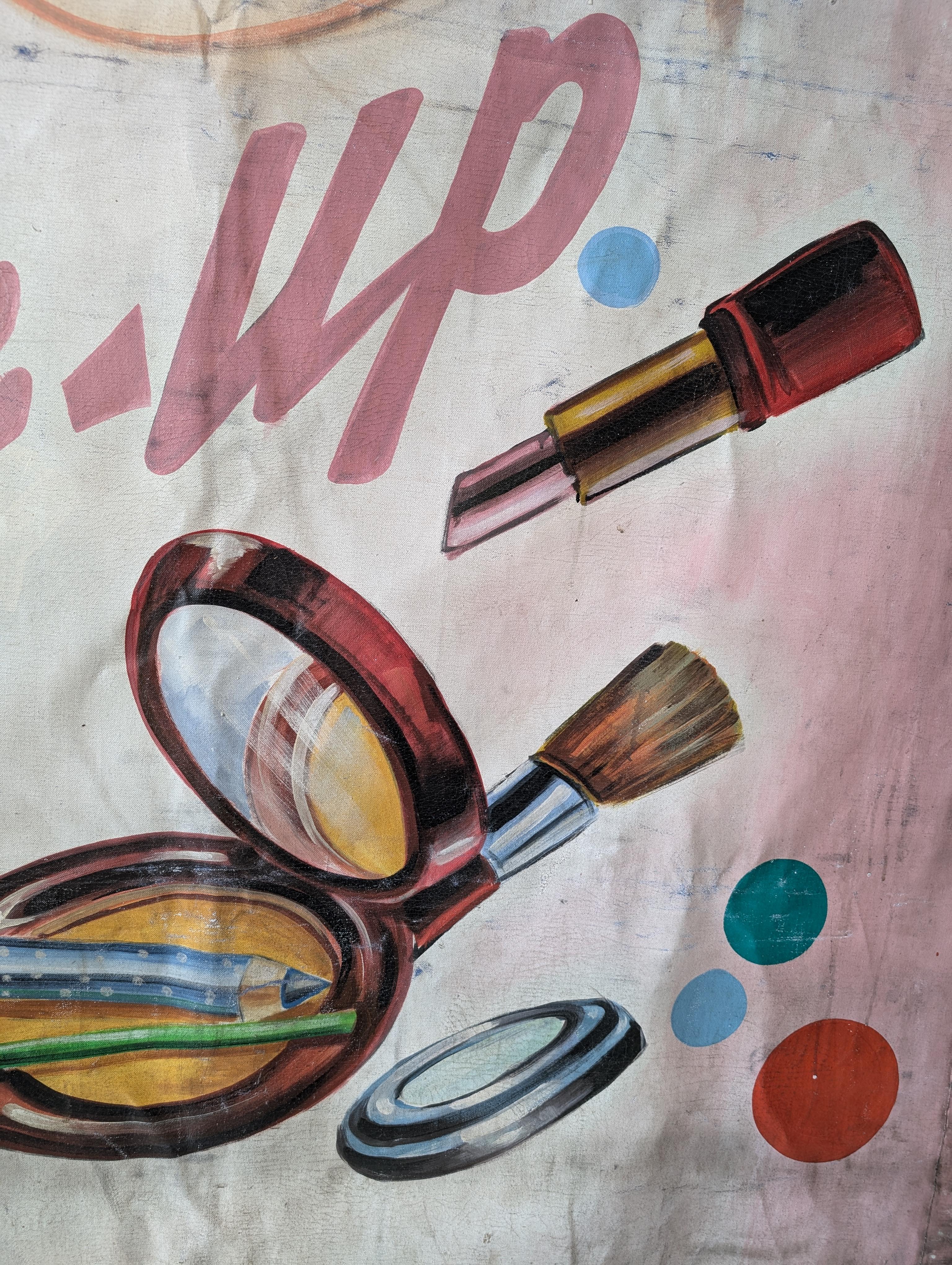 Huge vintage 1970s / 1980s French painted fairground / carnival banner- makeup For Sale 6