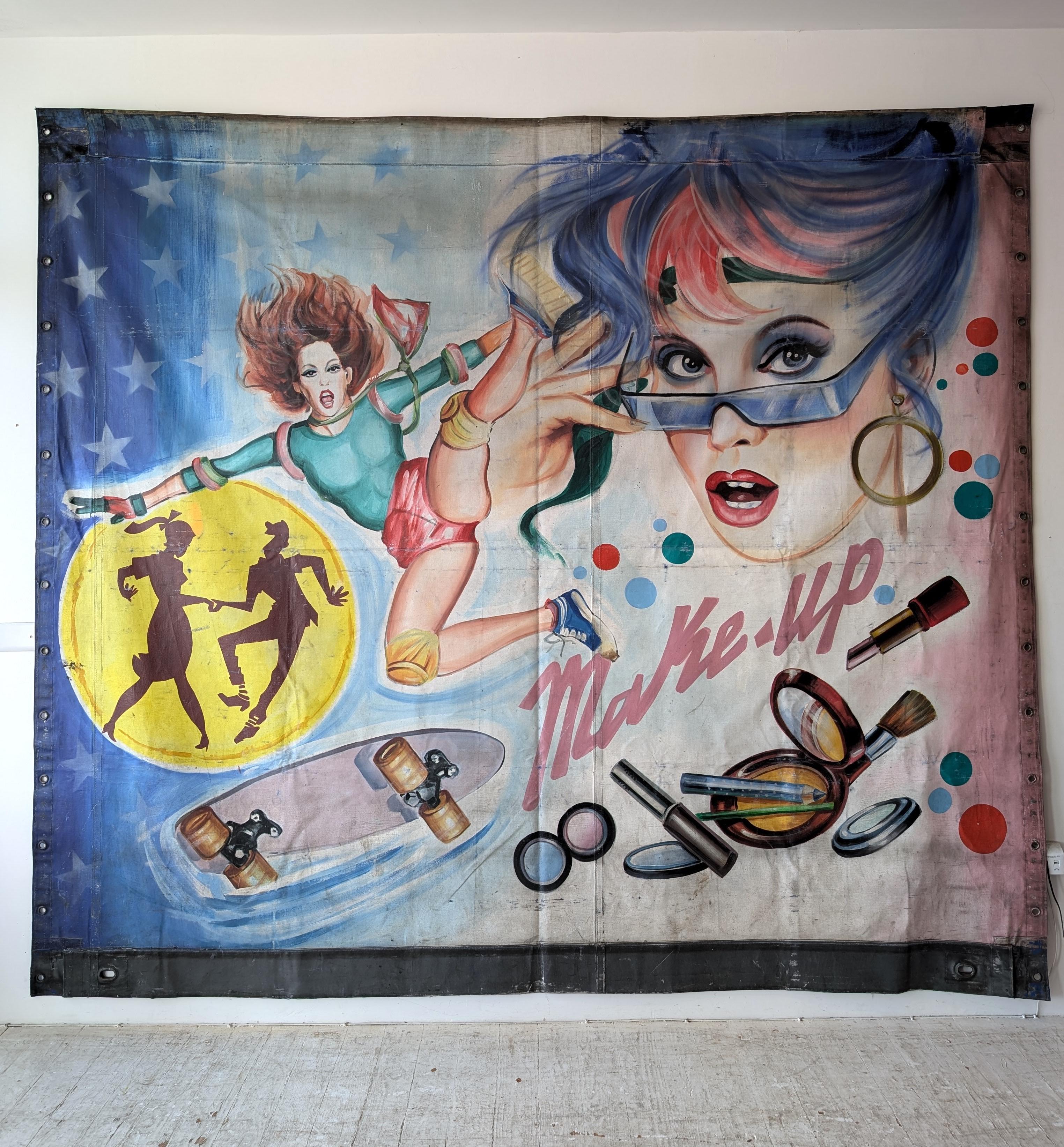 Huge late 1970s/ early 1980s French painted fairground / carnival / sideshow banner.
Presumably part of an American themed ride or attraction, it's decorated with cool girls, makeup, skateboard, stars and dancers. Painted on a tarpaulin, with