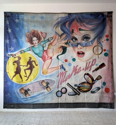 Huge vintage 1970s / 1980s French painted fairground / carnival banner- makeup