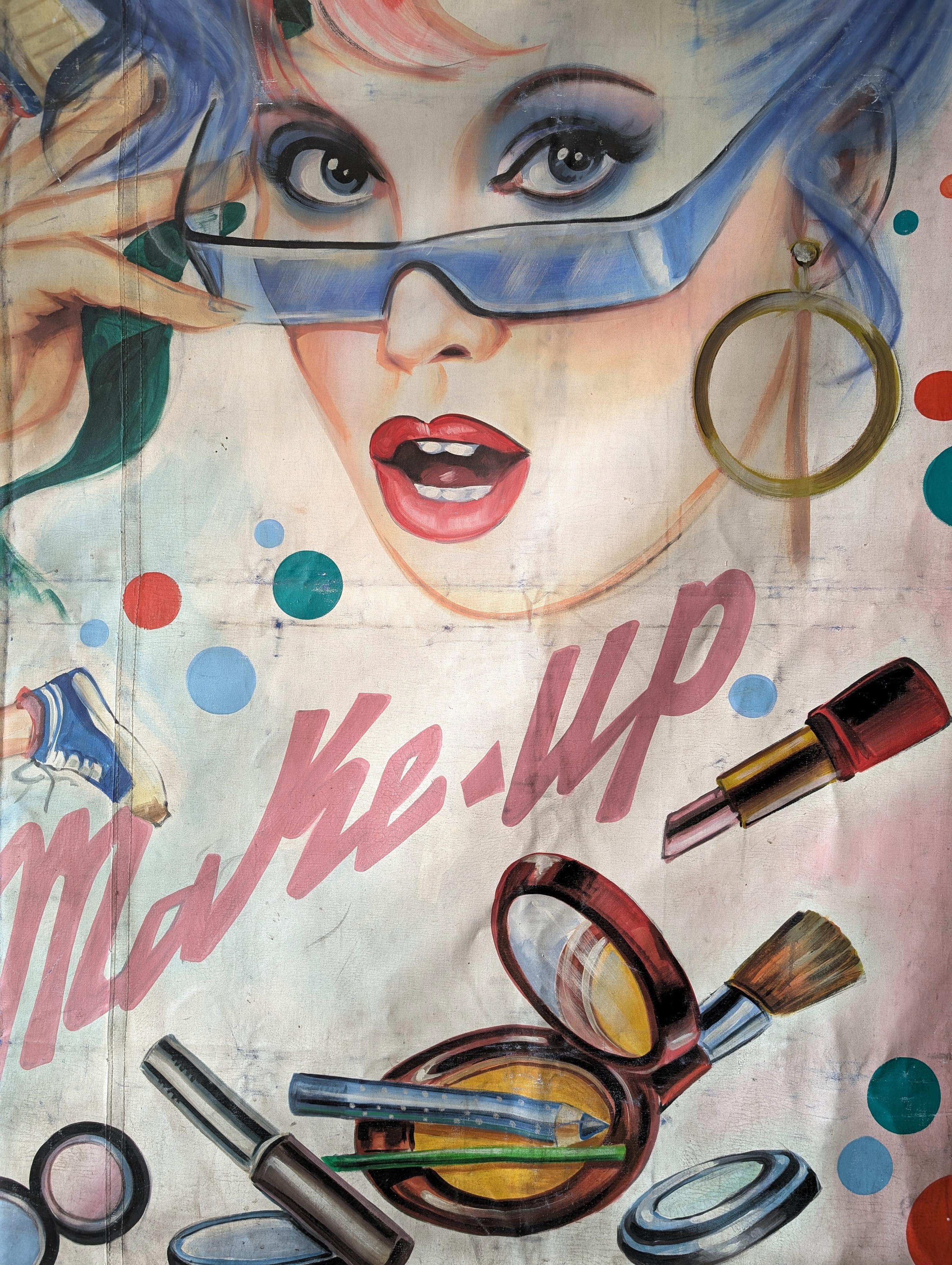 Folk Art Huge vintage 1970s / 1980s French painted fairground / carnival banner- makeup For Sale