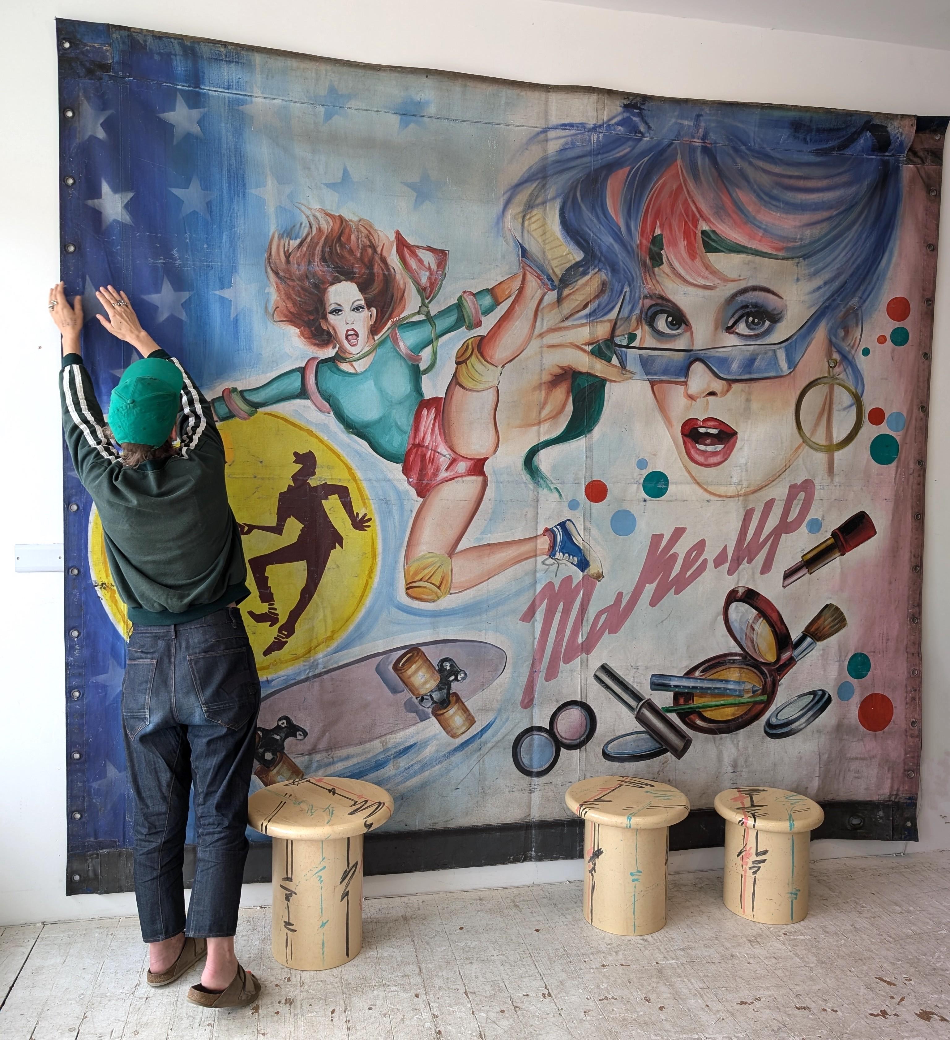 Huge vintage 1970s / 1980s French painted fairground / carnival banner- makeup In Good Condition For Sale In Hastings, GB