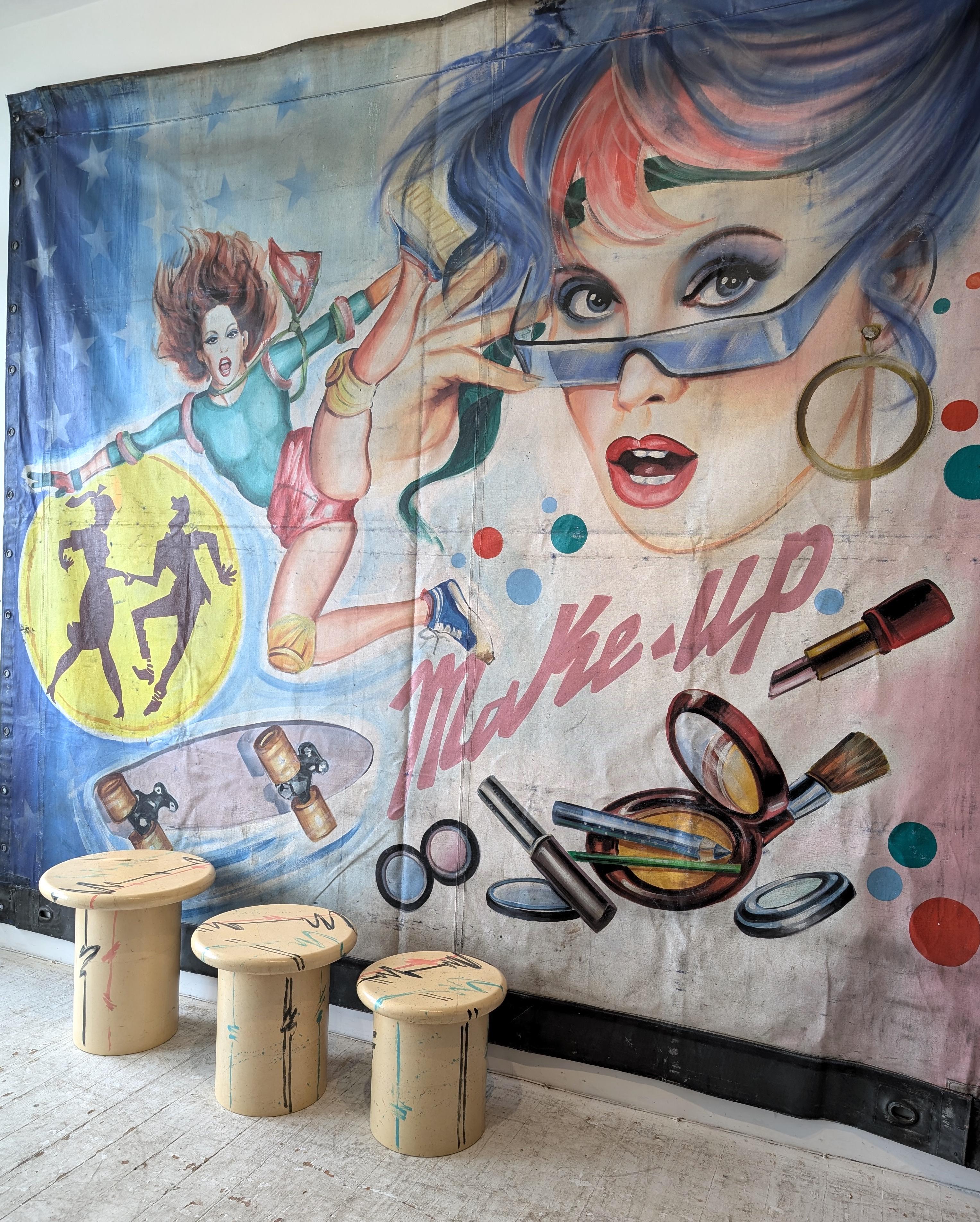 20th Century Huge vintage 1970s / 1980s French painted fairground / carnival banner- makeup For Sale