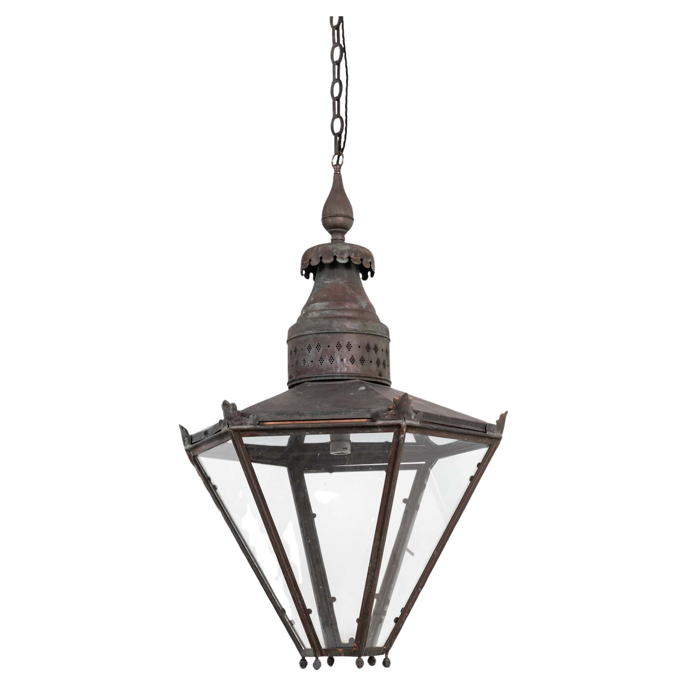 Énorme lanterne de hall vintage du 20e siècle en cuivre vert-de-gris