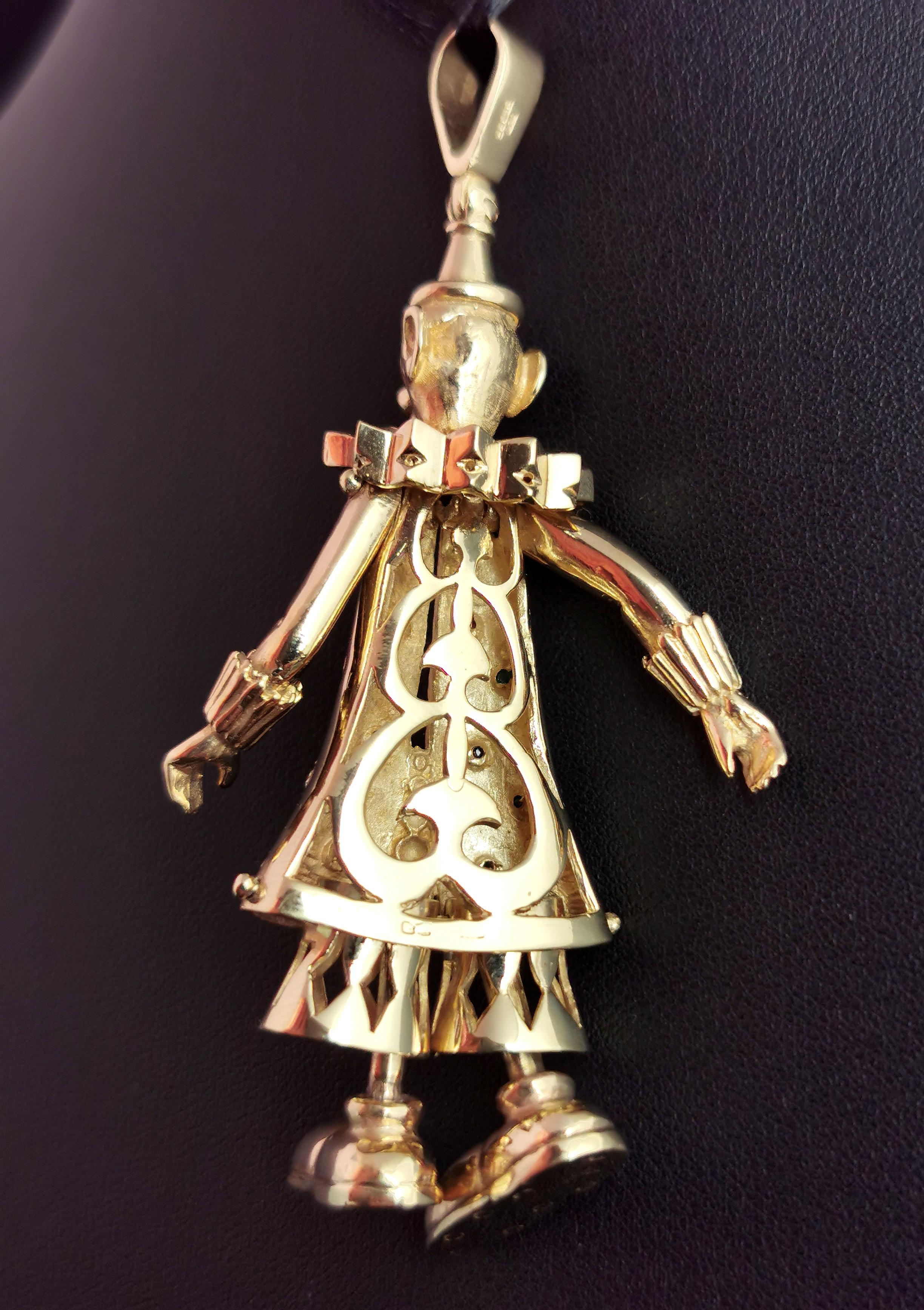 Huge Vintage 9k Gold Clown Pendant, Articulated, Multi Gemstone, 90s 1