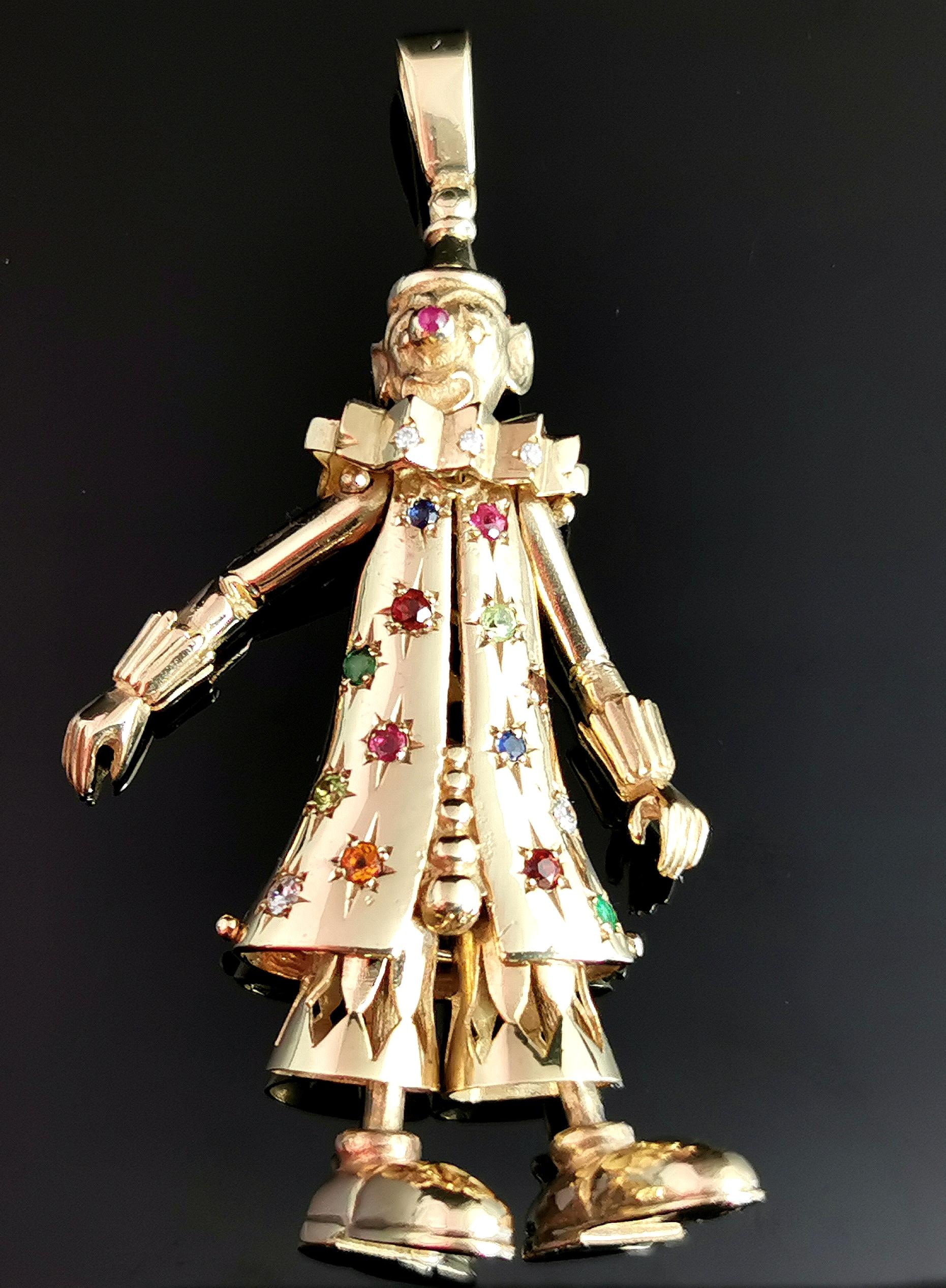 Pendentif Clown en or 9k, Articulé, Multi Gemmes, 90s 10