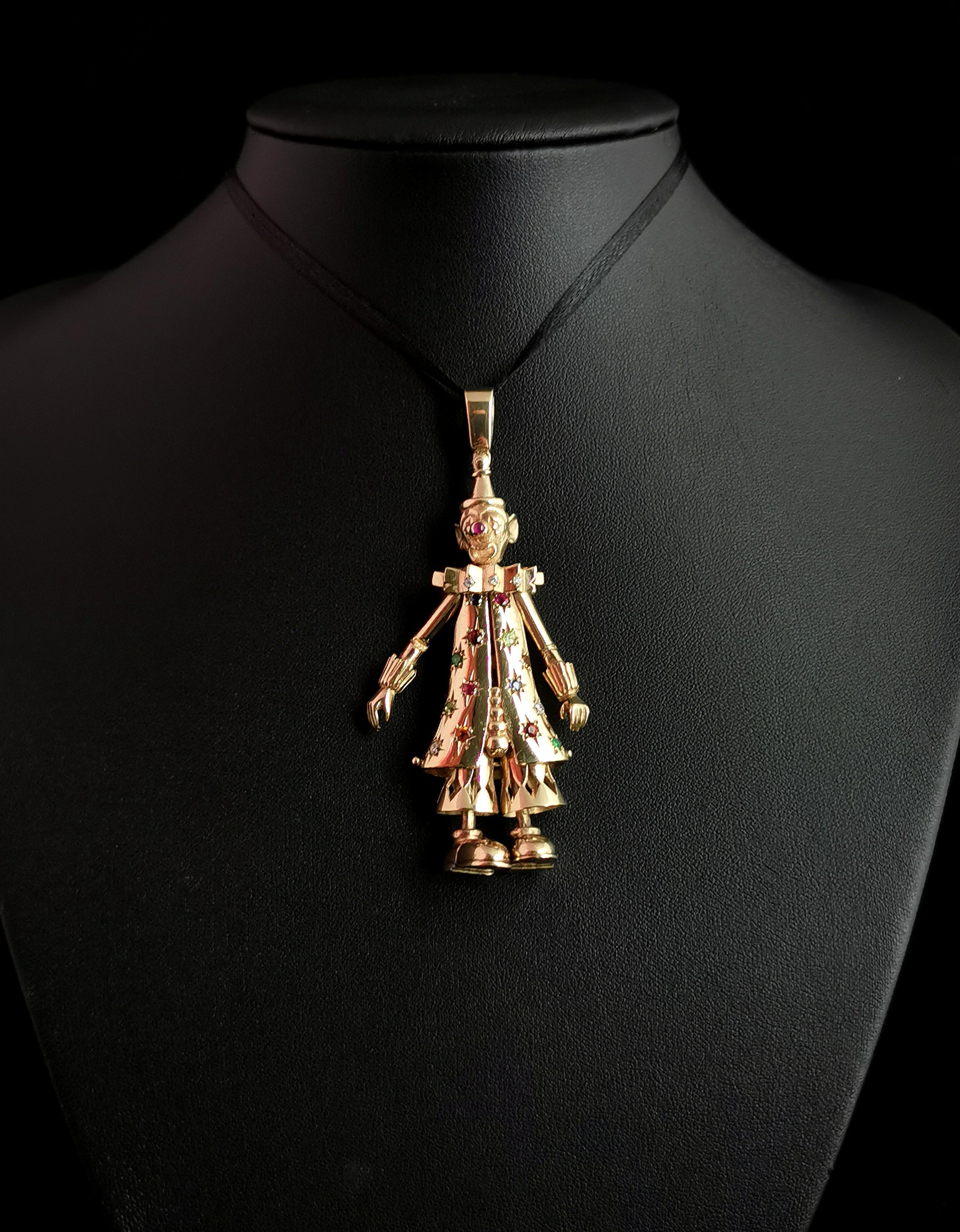 Taille ronde Pendentif Clown en or 9k, Articulé, Multi Gemmes, 90s