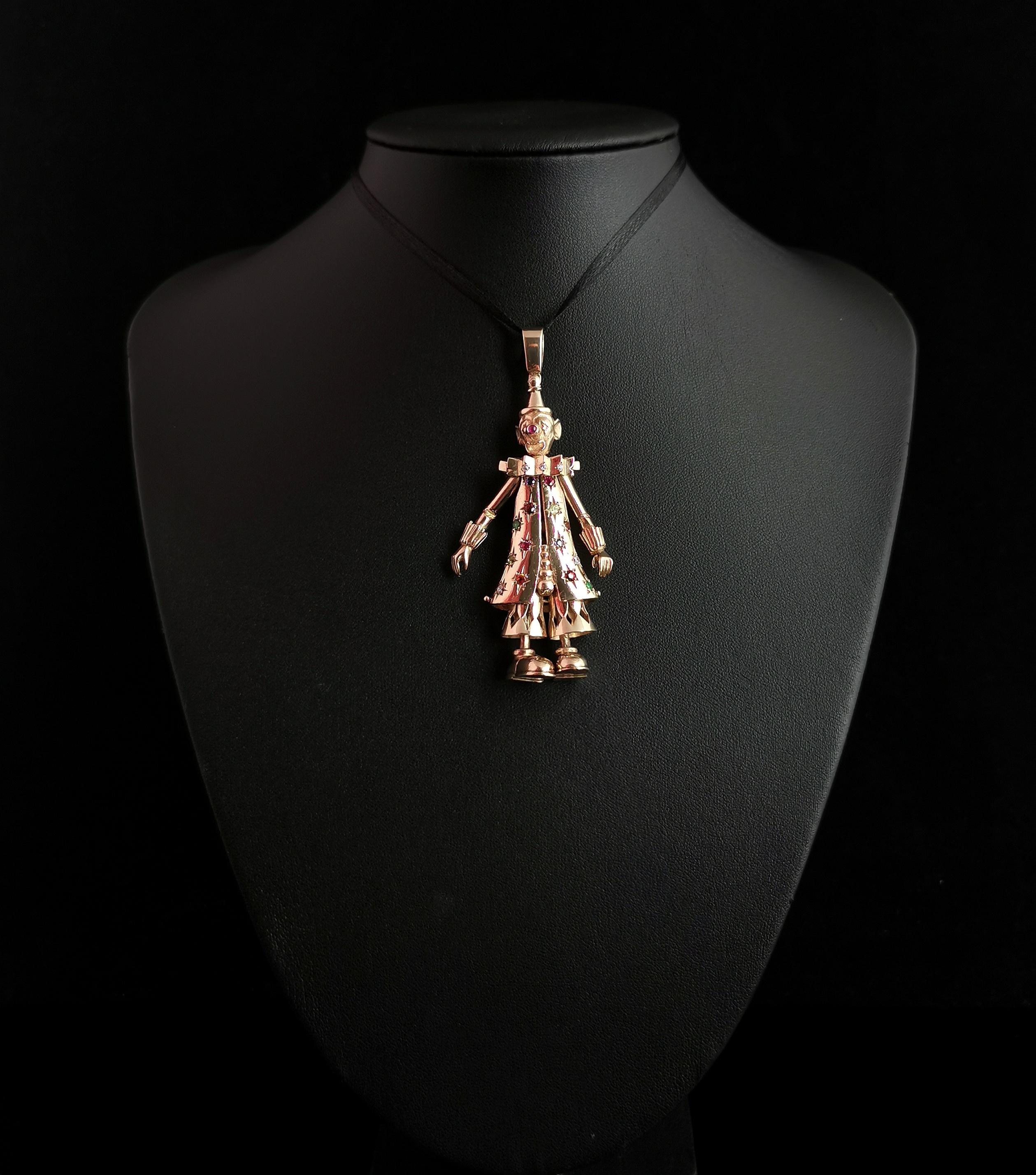 Pendentif Clown en or 9k, Articulé, Multi Gemmes, 90s Bon état à NEWARK, GB