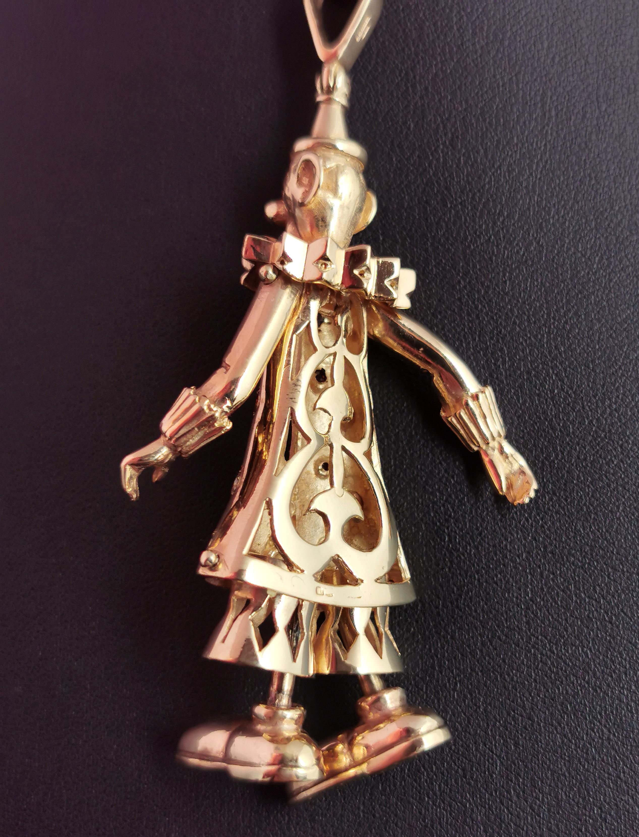 Huge Vintage 9k Gold Clown Pendant, Articulated, Multi Gemstone, 90s In Good Condition In NEWARK, GB