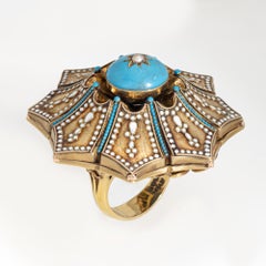 Huge Vintage Blue Enamel Cocktail Ring Sz 7.5 14k Yellow Gold Fleur de Lis