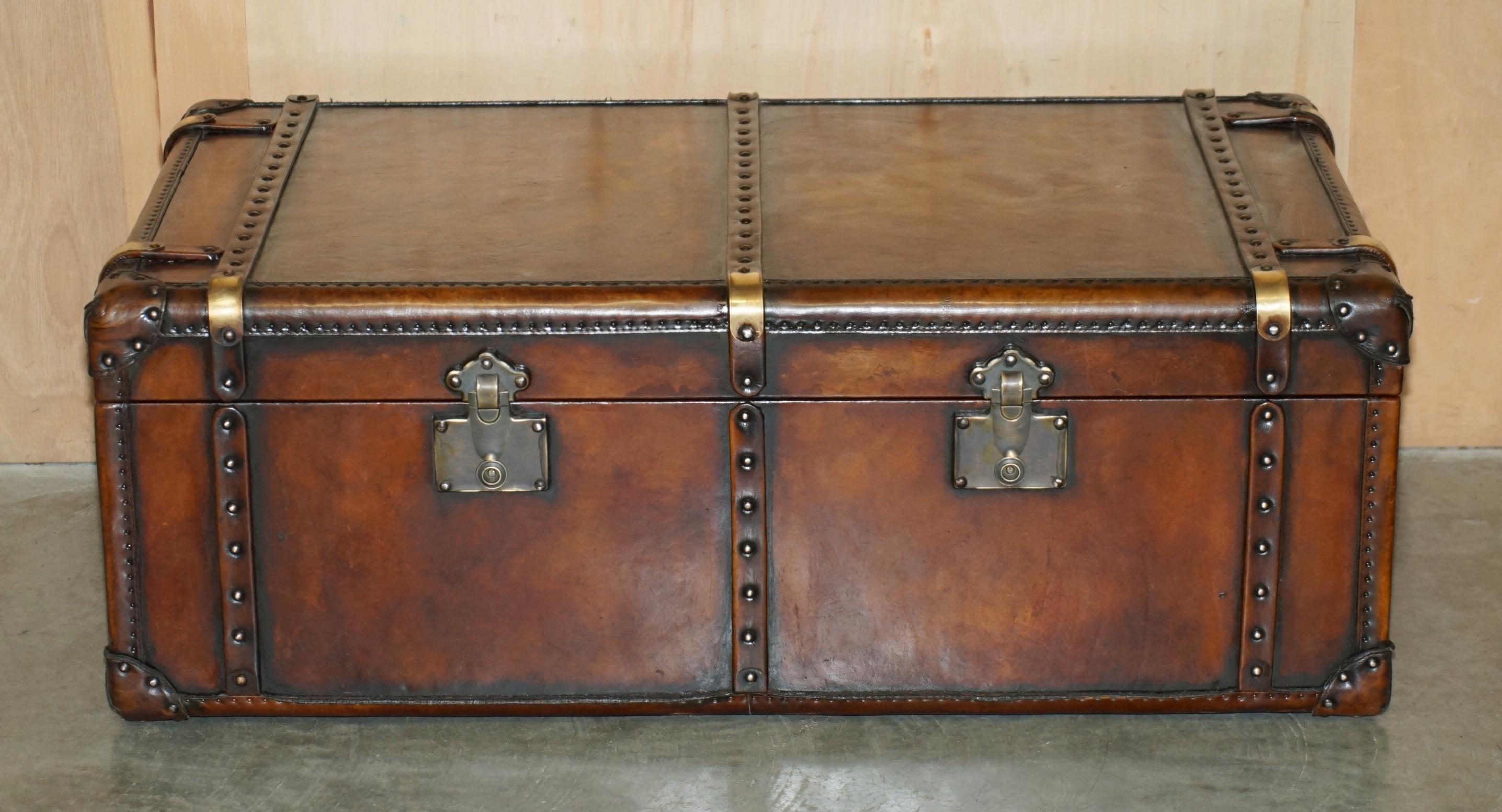 Victorian HUGE ViNTAGE FULLY RESTORED BROWN LEATHER STORAGE TRUNK COFFEE COCKTAIL TABLE For Sale