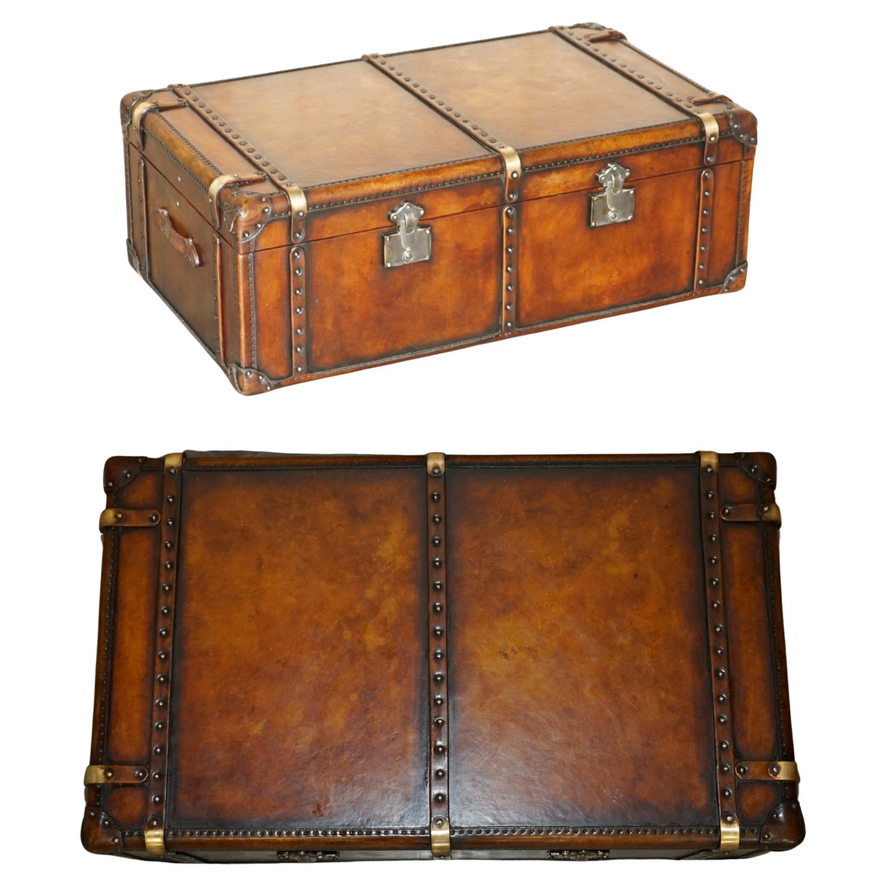 HUGE ViNTAGE FULLY RESTORED BROWN LEATHER STORAGE TRUNK COFFEE COCKTAIL TABLE For Sale