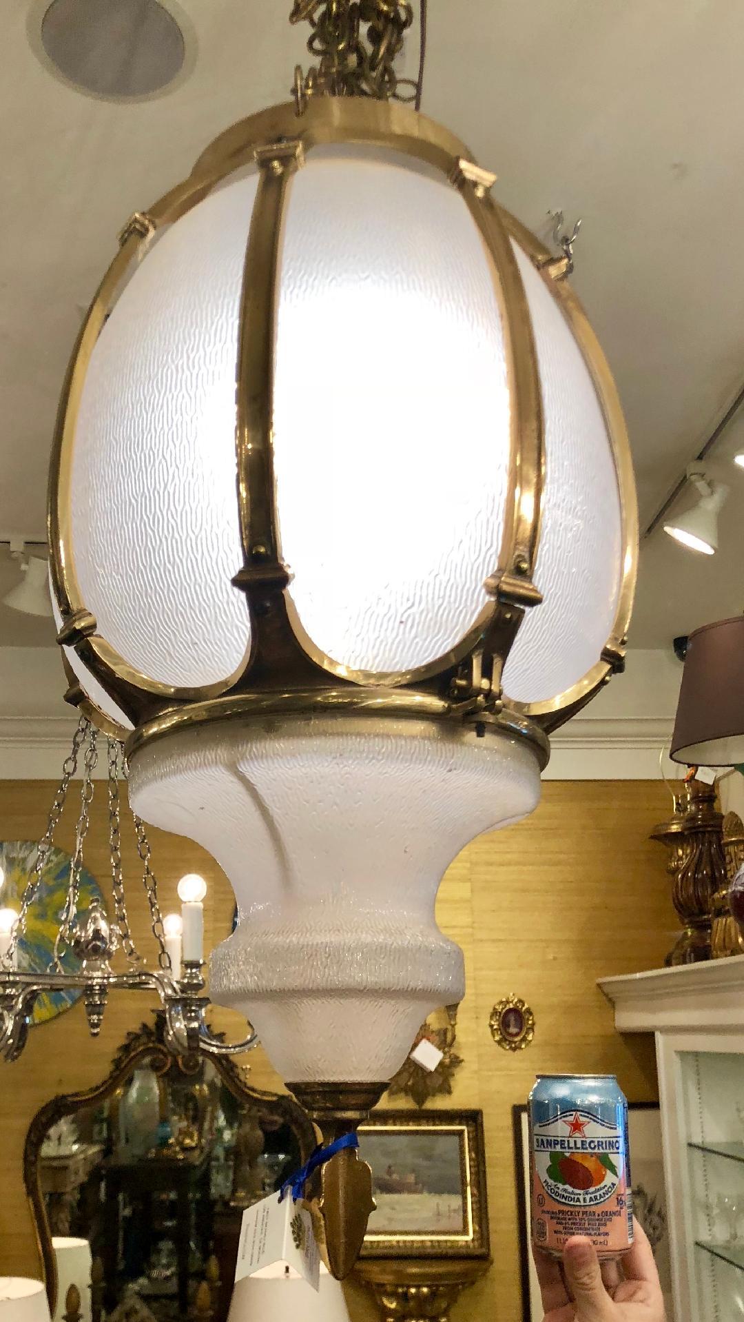 Huge Vintage Gilt Bronze and Glass Street Light Lantern Pendant Chandelier In Good Condition In LOS ANGELES, CA