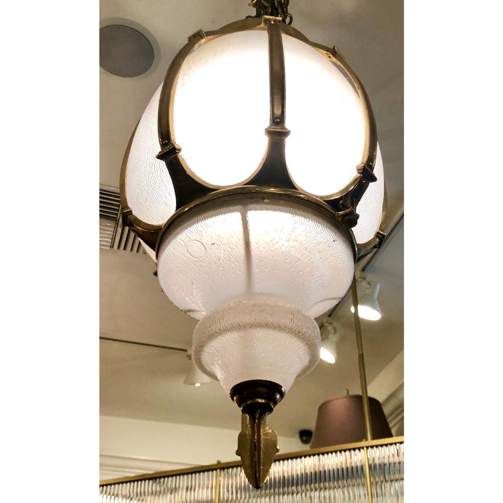 Huge vintage gilt bronze and glass street light lantern pendant chandelier.