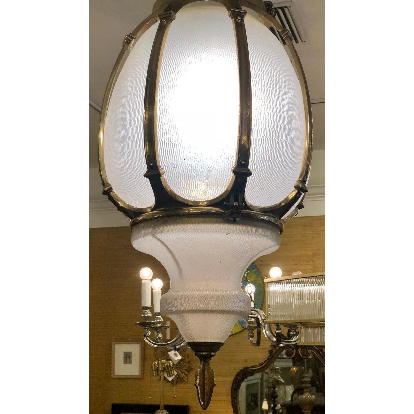 Art Deco Huge Vintage Gilt Bronze and Glass Street Light Lantern Pendant Chandelier