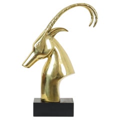 Grande sculpture de tête de bélier en cuivre doré Gazelle vintage XL 56 cm