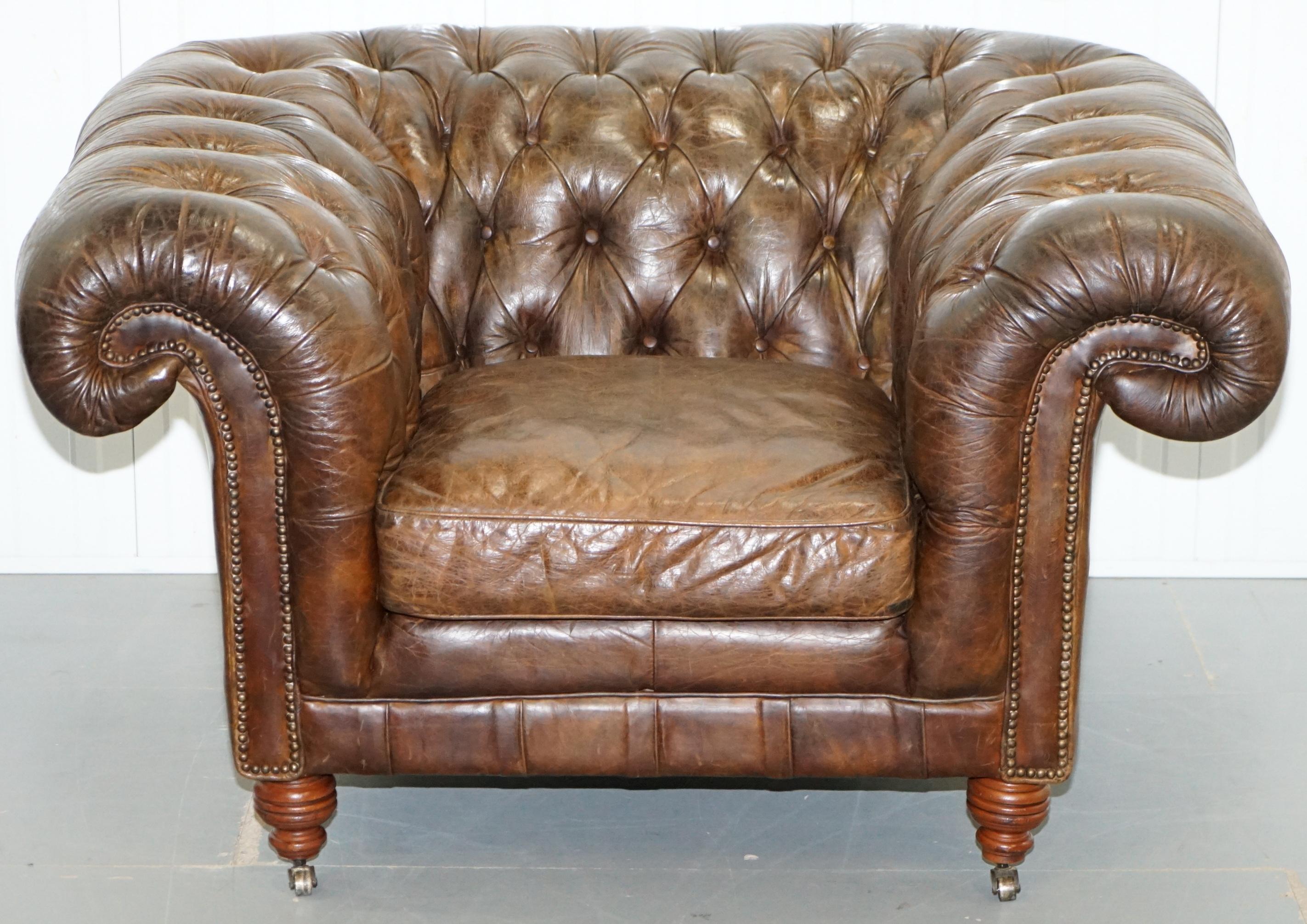English Huge Vintage Heritage Leather Wide Chesterfield Brown Leather Armchair