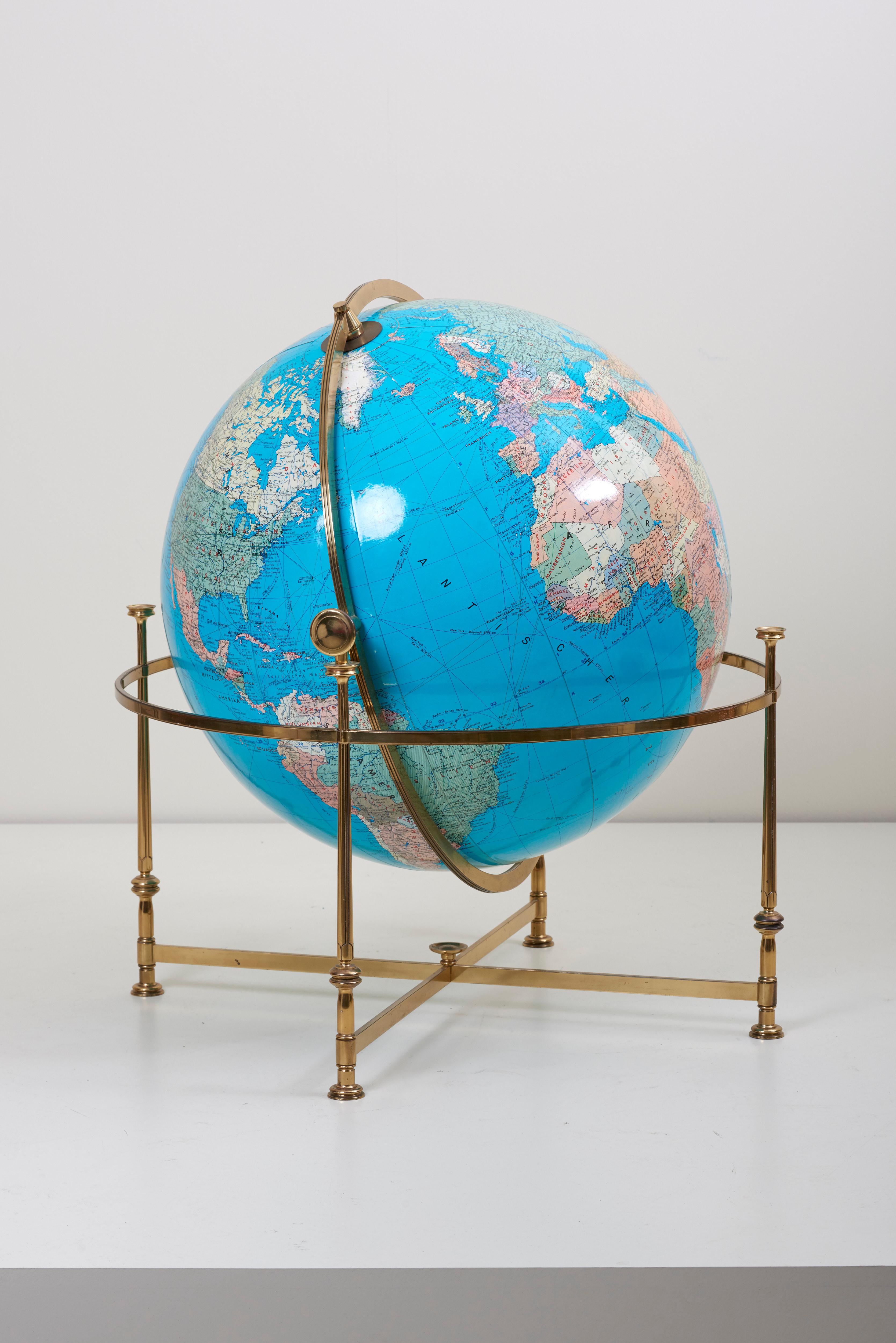 20th Century Huge Vintage Illuminated Globe with Brass Stand For Sale