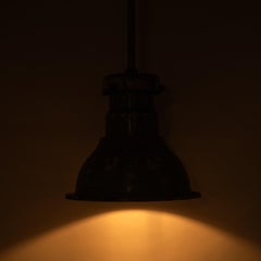 Huge Vintage Industrial Painted Steel Pendant Lights With Holophane Glass Shades