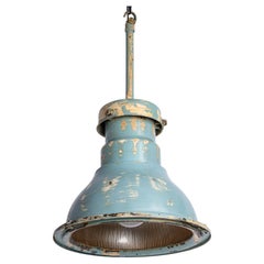 Huge Vintage Industrial Painted Steel Pendant Lights With Holophane Glass Shades