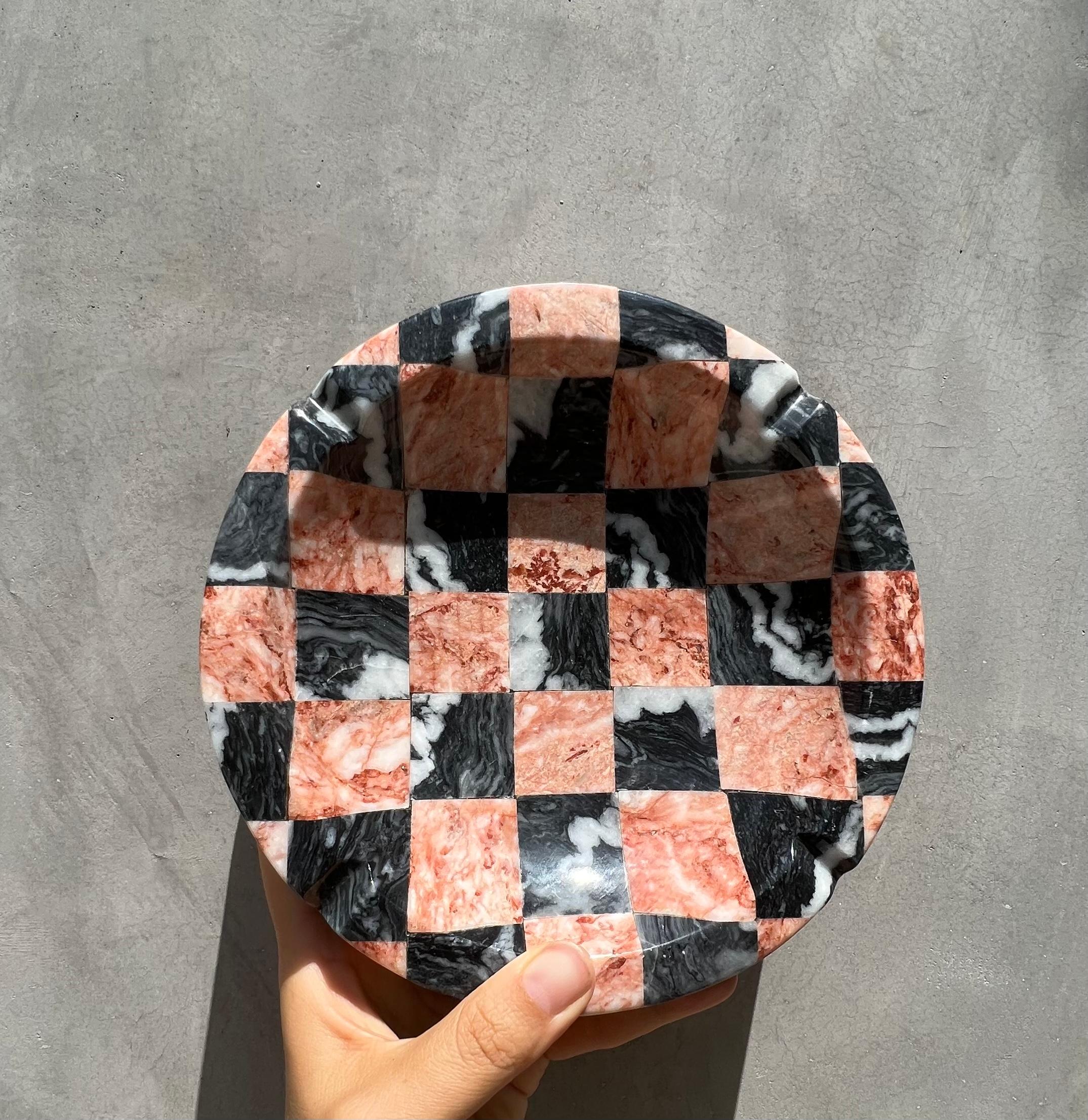 Mid-20th Century Huge Vintage Italian Checkered Pink Marble Ashtray / Catchall, 1960s
