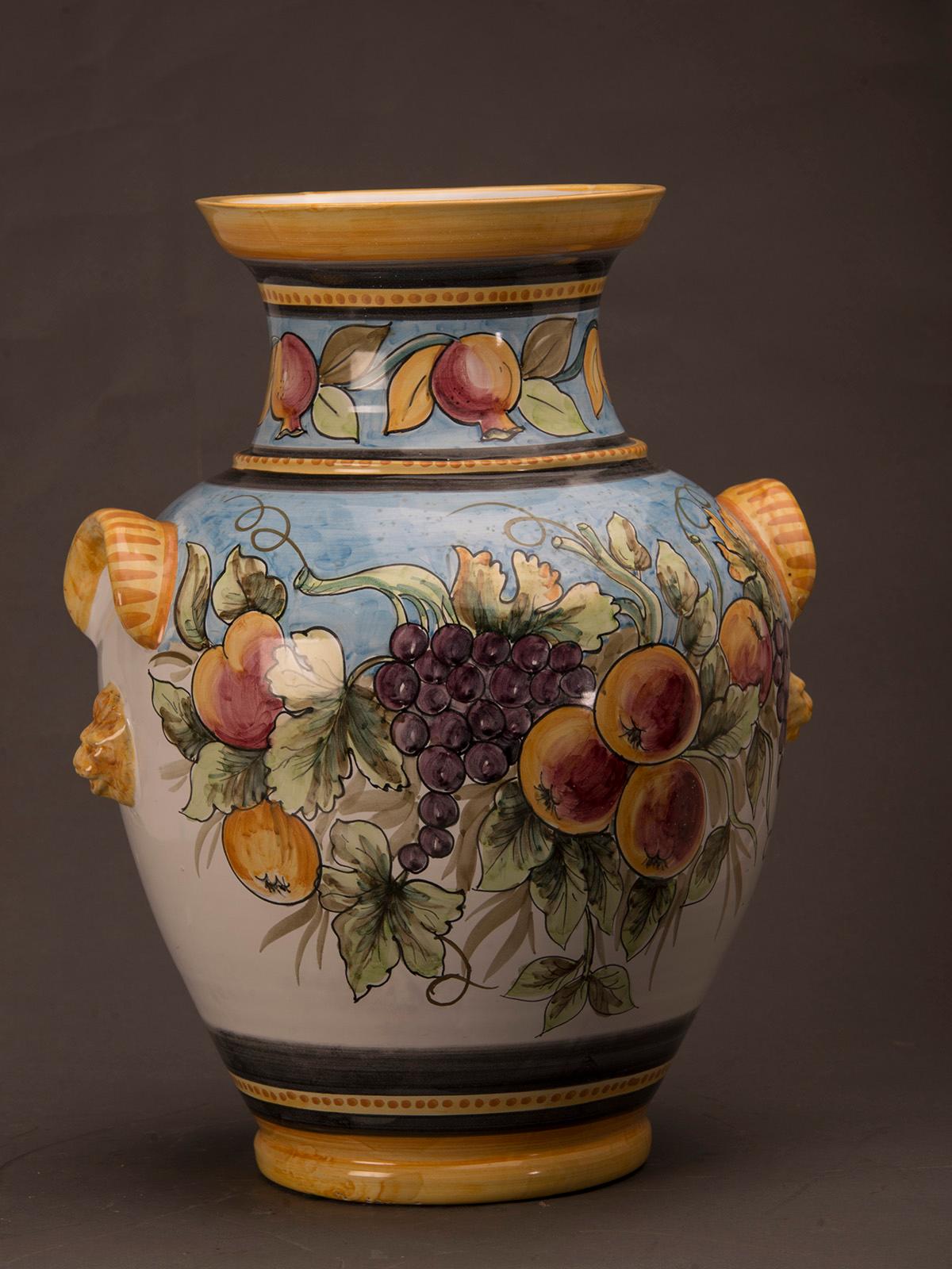 Baroque Huge Vintage Italian Hand Painted Terra Cotta Urn Vase by Solimene Vietri, Italy For Sale