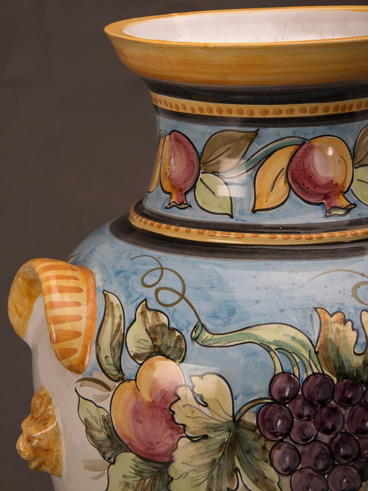 Glazed Huge Vintage Italian Hand Painted Terra Cotta Urn Vase by Solimene Vietri, Italy For Sale