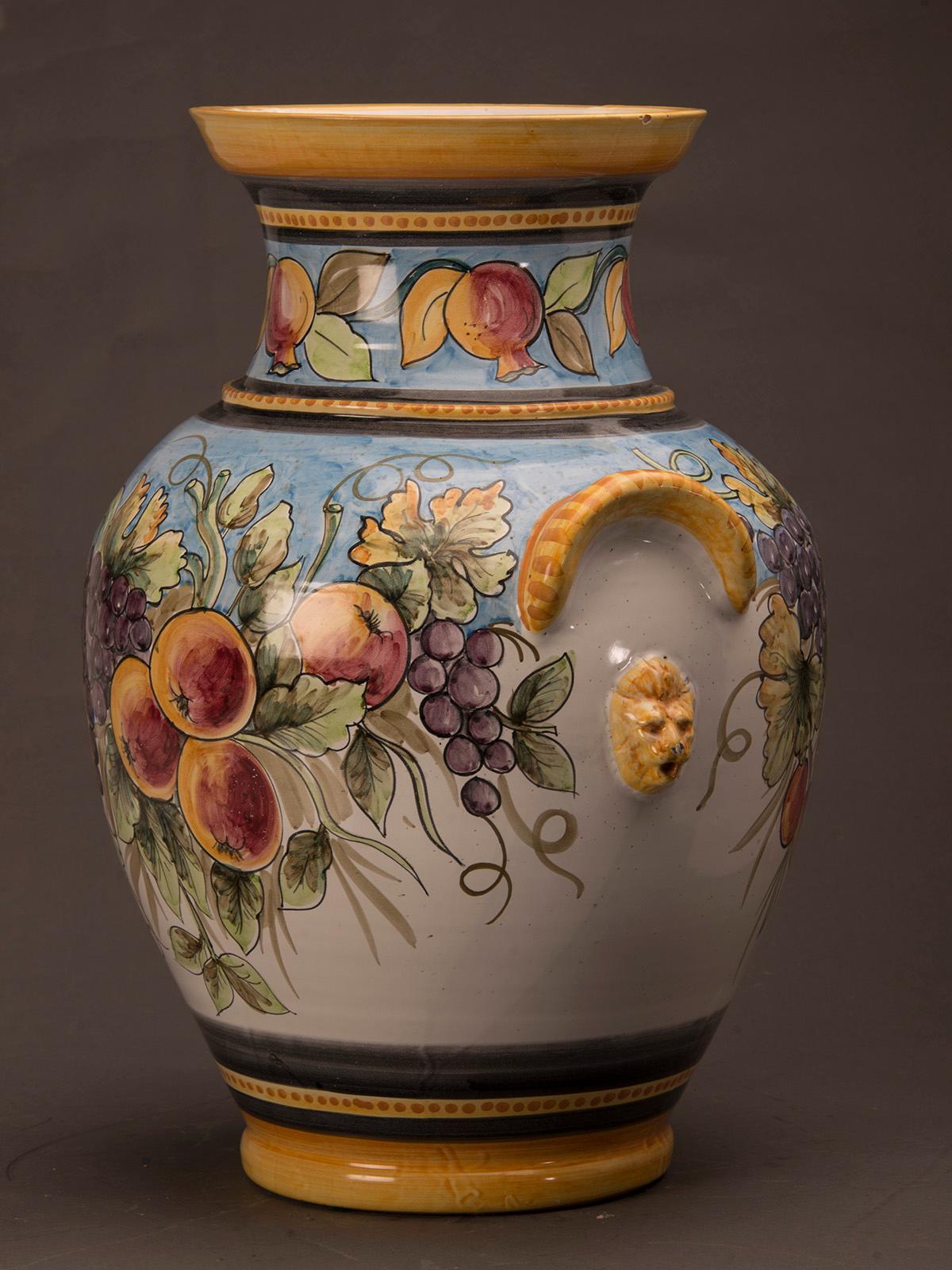 Huge Vintage Italian Hand Painted Terra Cotta Urn Vase by Solimene Vietri, Italy In Excellent Condition For Sale In Houston, TX