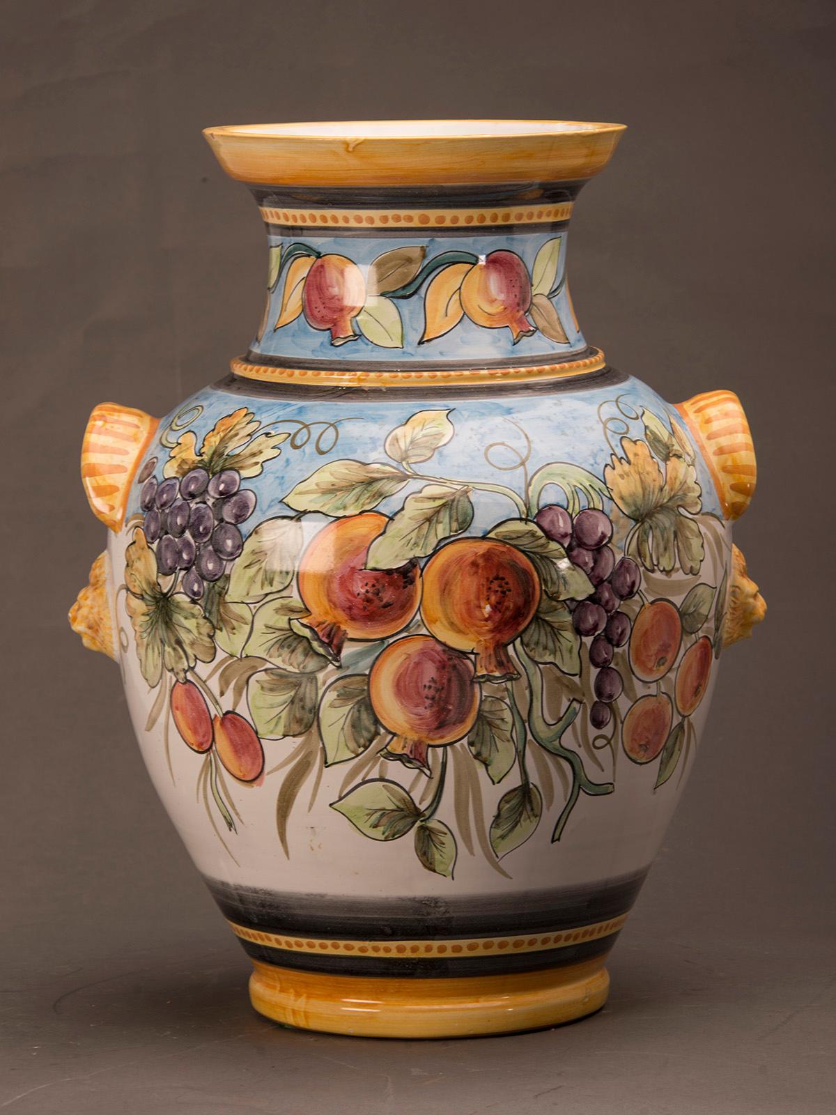 Ceramic Huge Vintage Italian Hand Painted Terra Cotta Urn Vase by Solimene Vietri, Italy For Sale